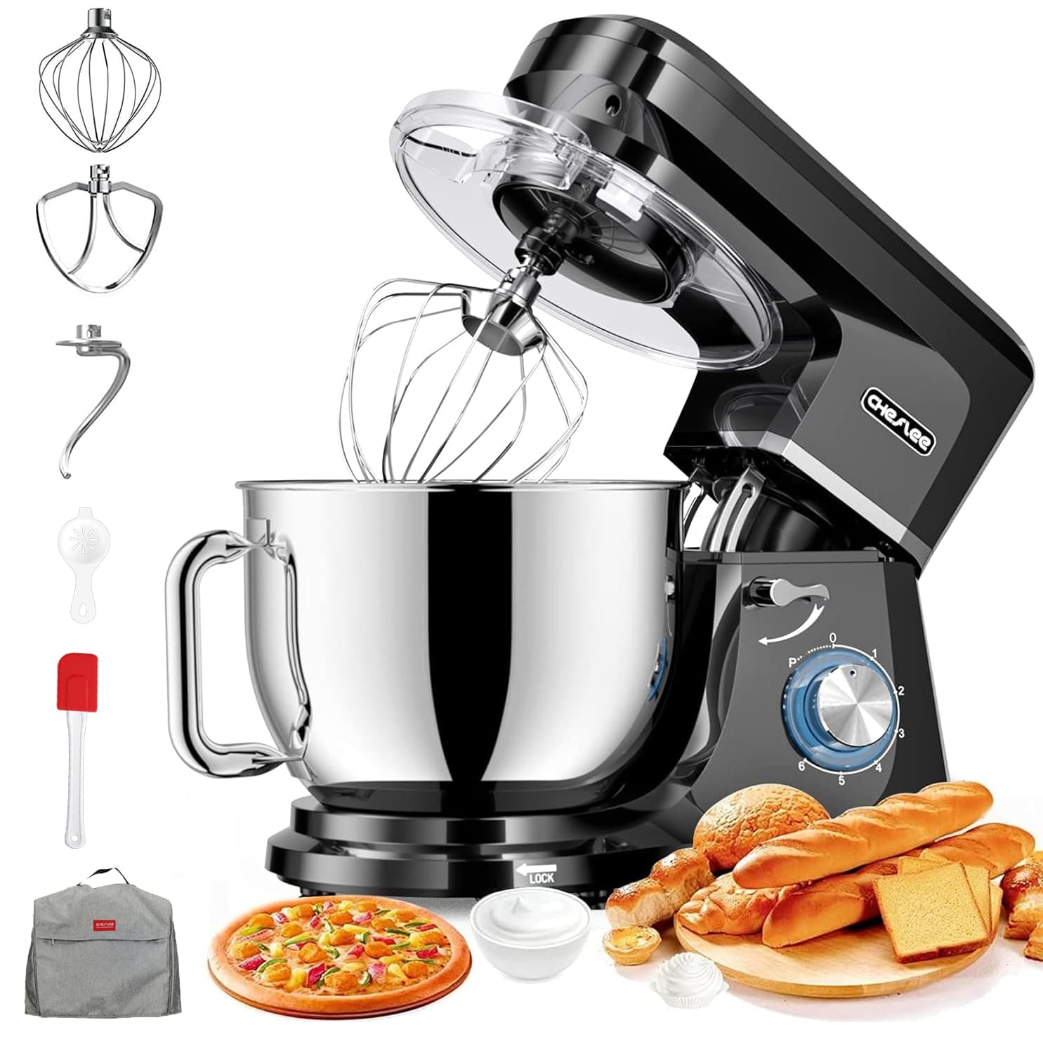 CHeflee Robot Pâtissier 2000W Robot de Cuisine 8 L Bol d'Acier Inoxydable,6 Vitesses avec Fonction Pulse avec Fouet Crochet Pétrisseur et Batteur,Housse anti-Poussière 