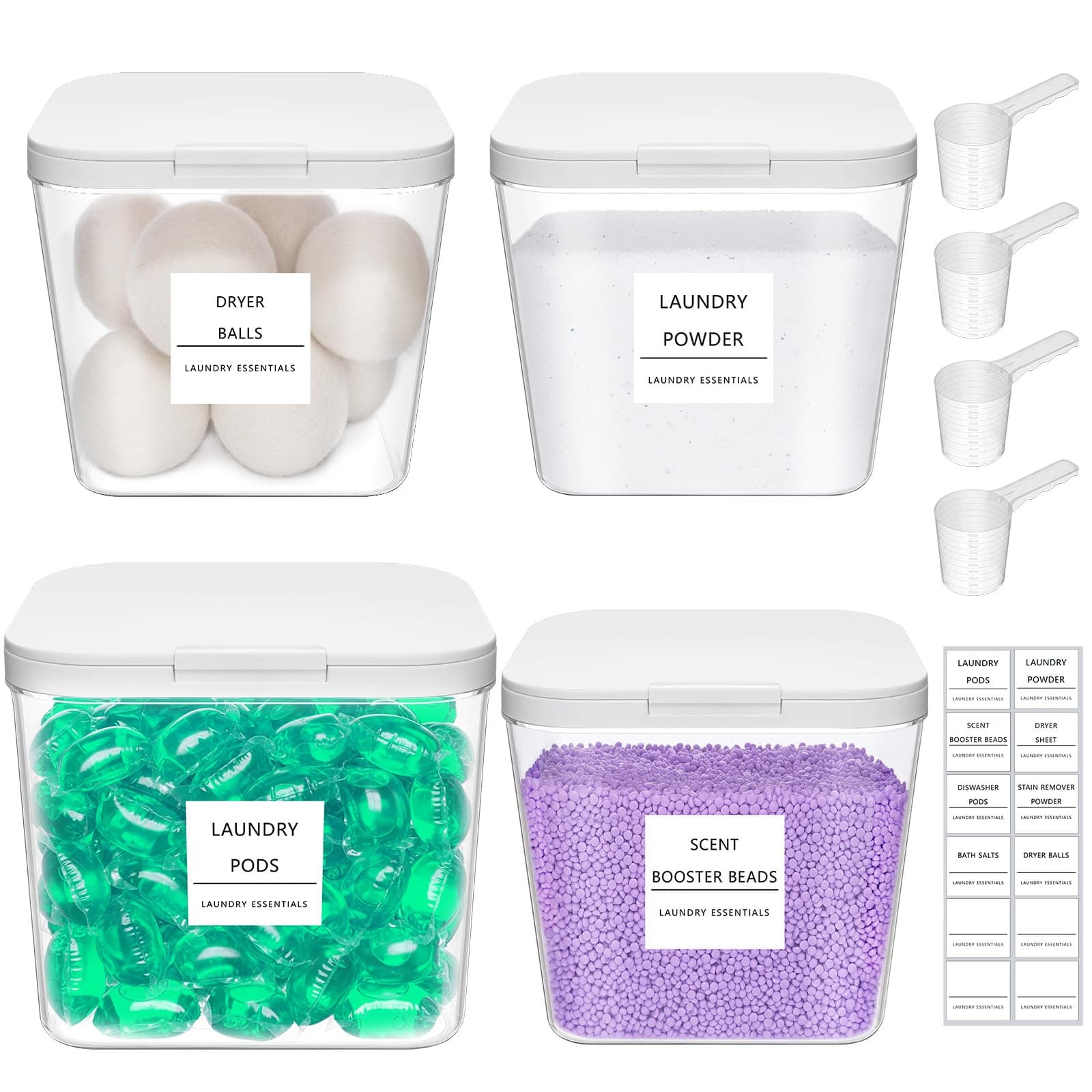 Lifewit 2700 x3+4500 ml/0.72x3+1.2gal Waschmittel Aufbewahrung für Wäsche Pods mit Druckverschluss, Waschpulver Aufbewahrungsbox mit Etikette und Löffel, Waschmittelbox für Pulver Duft-Booster,4 Stück