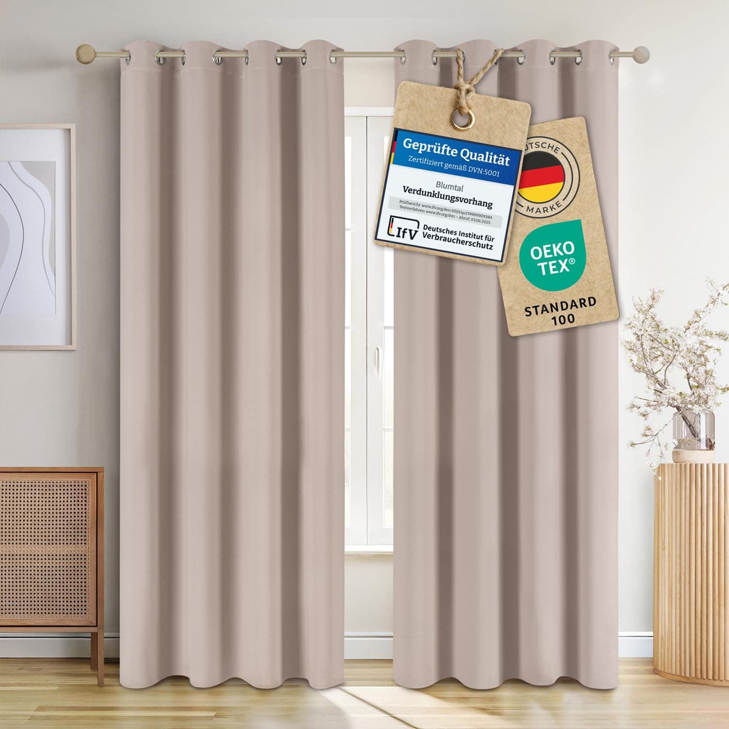 Blumtal Verdunklungsvorhänge 2er Set - Thermovorhang Hitzeschutz - Vorhang Blickdicht mit Ösen - Gardinenschals mit Schlaufen - Gardinen 215x132cm - Gardienenschalset 2er - Blackout Vorhang Taupe