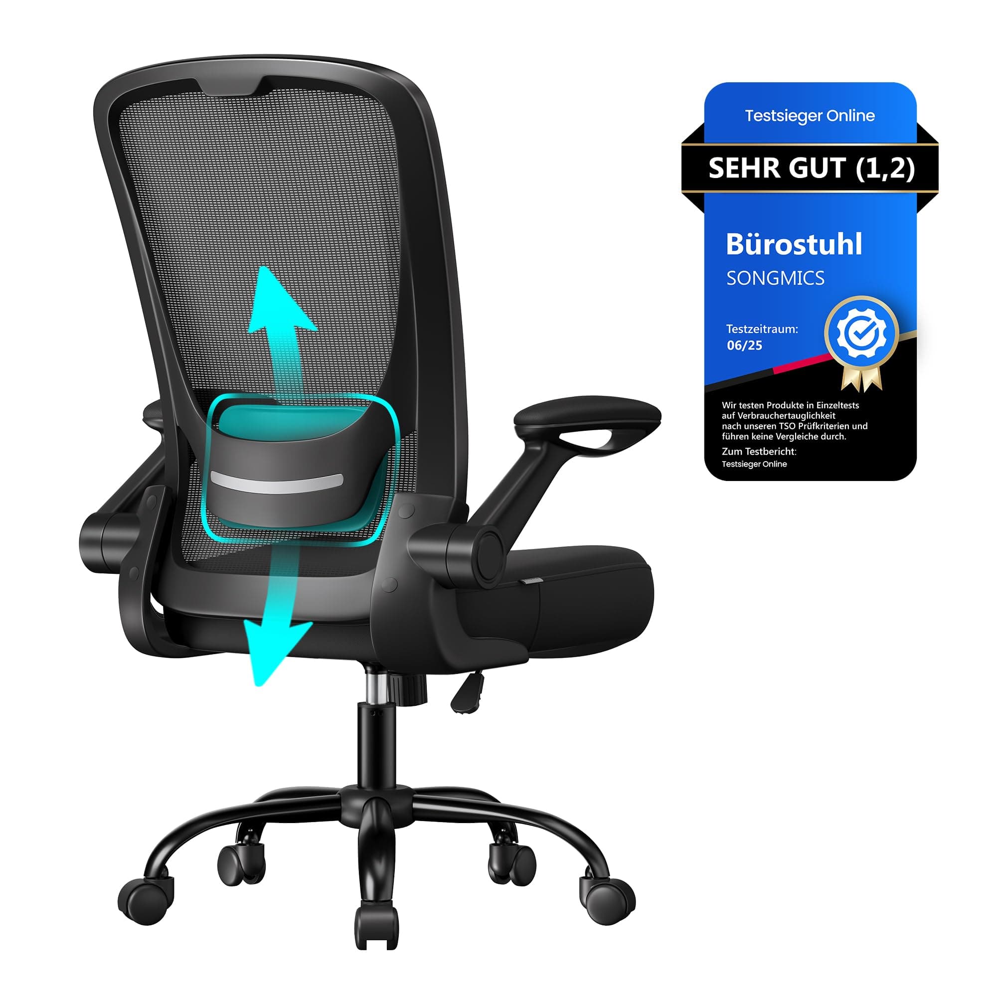SONGMICS Bürostuhl ergonomisch, Drehstuhl mit Mesh, Lenden- und Kopfstütze, Wippfunktion, 53 cm große Sitzfläche, klappbare Armlehnen, Arbeits- und Schlafzimmer, Studenten, schwarz OBN37BK