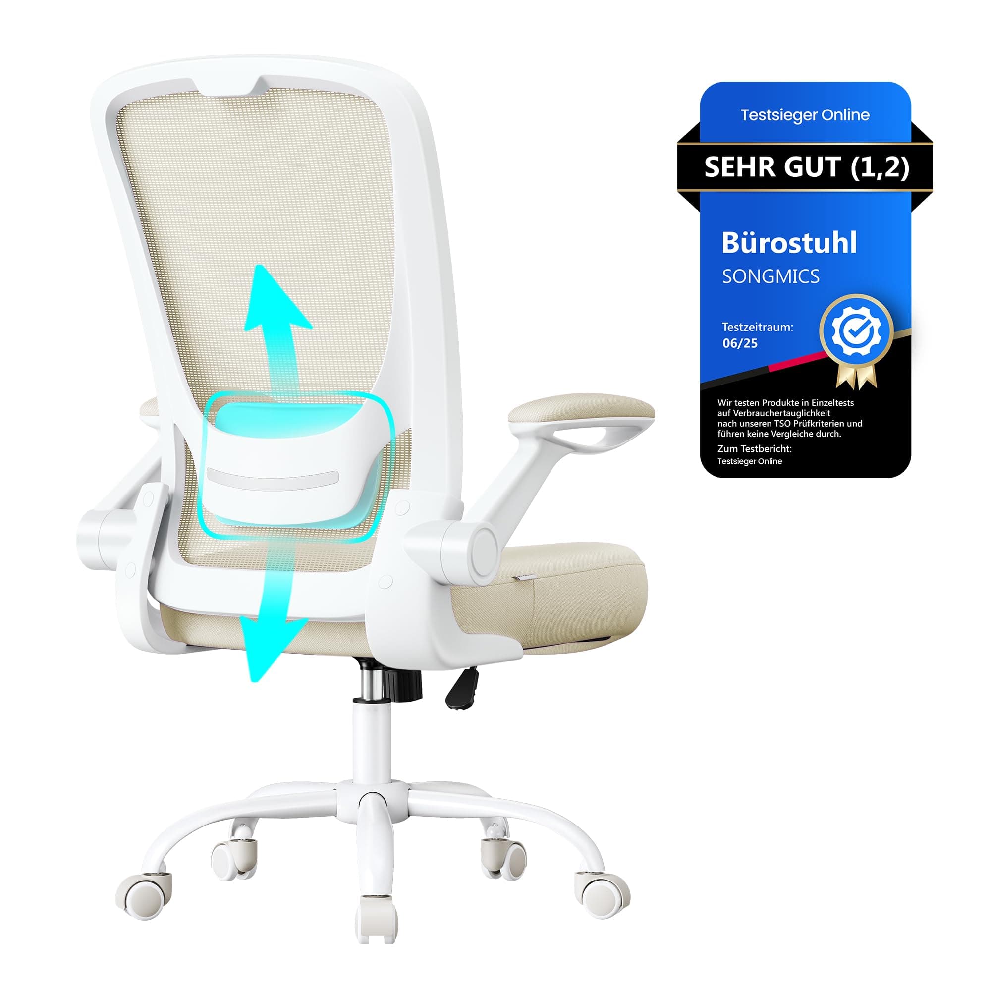 SONGMICS Bürostuhl ergonomisch, Drehstuhl mit Mesh, Lenden- und Kopfstütze, Wippfunktion, 53 cm große Sitzfläche, klappbare Armlehnen, Arbeits- und Schlafzimmer, Studenten, haferflockenbeige OBN037K02