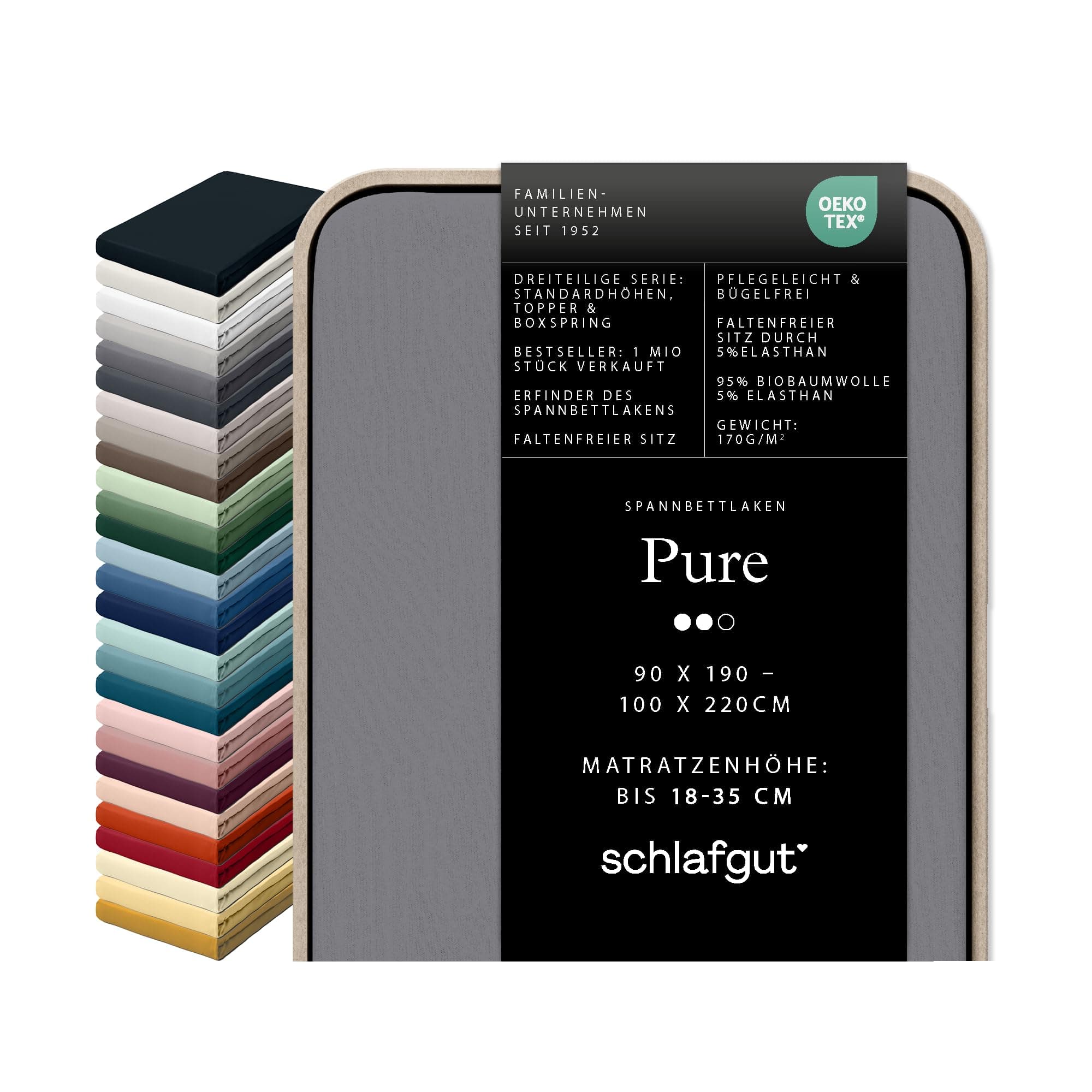 schlafgut Pure Spannbettlaken 95% Bio Baumwolle & 5% Elasthan Made in Green by Oeko TEX (90x190cm bis 100x220cm Matratzenhöhe von 18 bis 35 cm, Grey Mid)