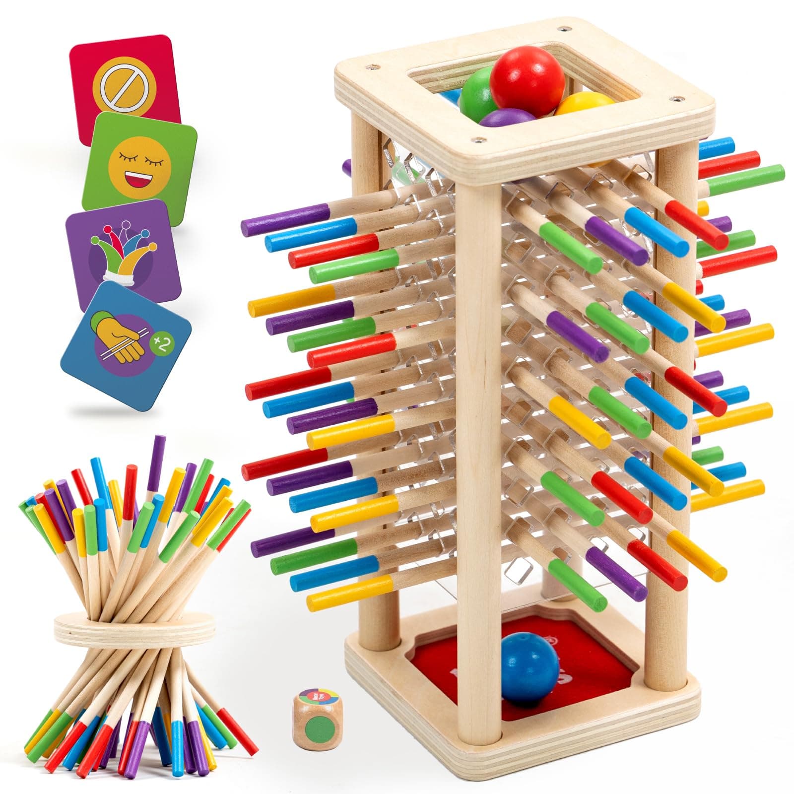 Nene Toys BALLFALL – Giochi Educativi Montessori in Legno per Bambini 3 4 5 6 Anni – Gioco da Tavolo con Bastoncini, Dado e Carte – Regalo per Motricità Fine e Abilità Logiche 3-9 Anni