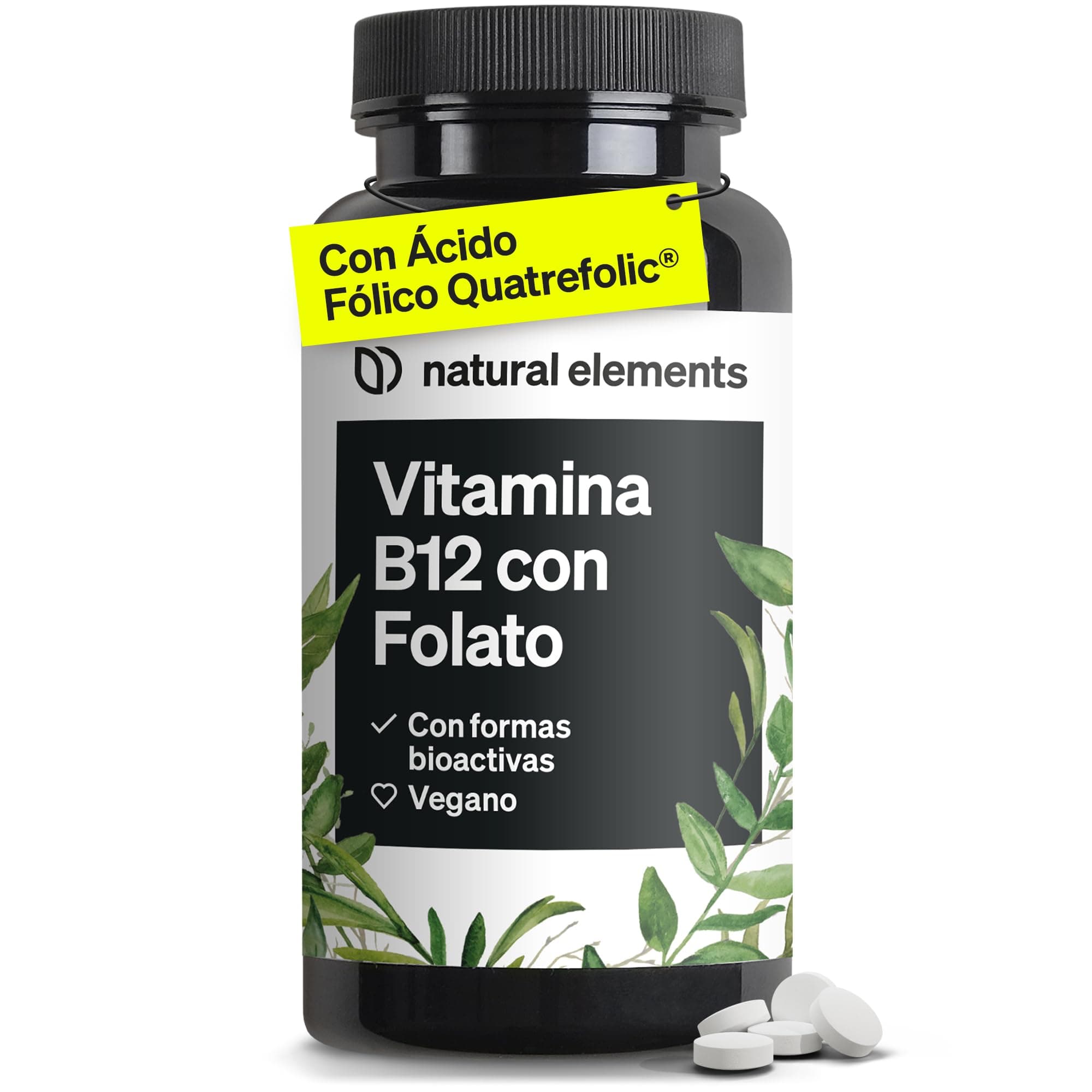 Vitamina B12 y Ácido Fólico Quatrefolic® - 180 comprimidos - Alta potencia 500 µg de B12 + 200 µg de ácido fólico - Máxima energía diaria - Sin Aditivos - Probado en laboratorio