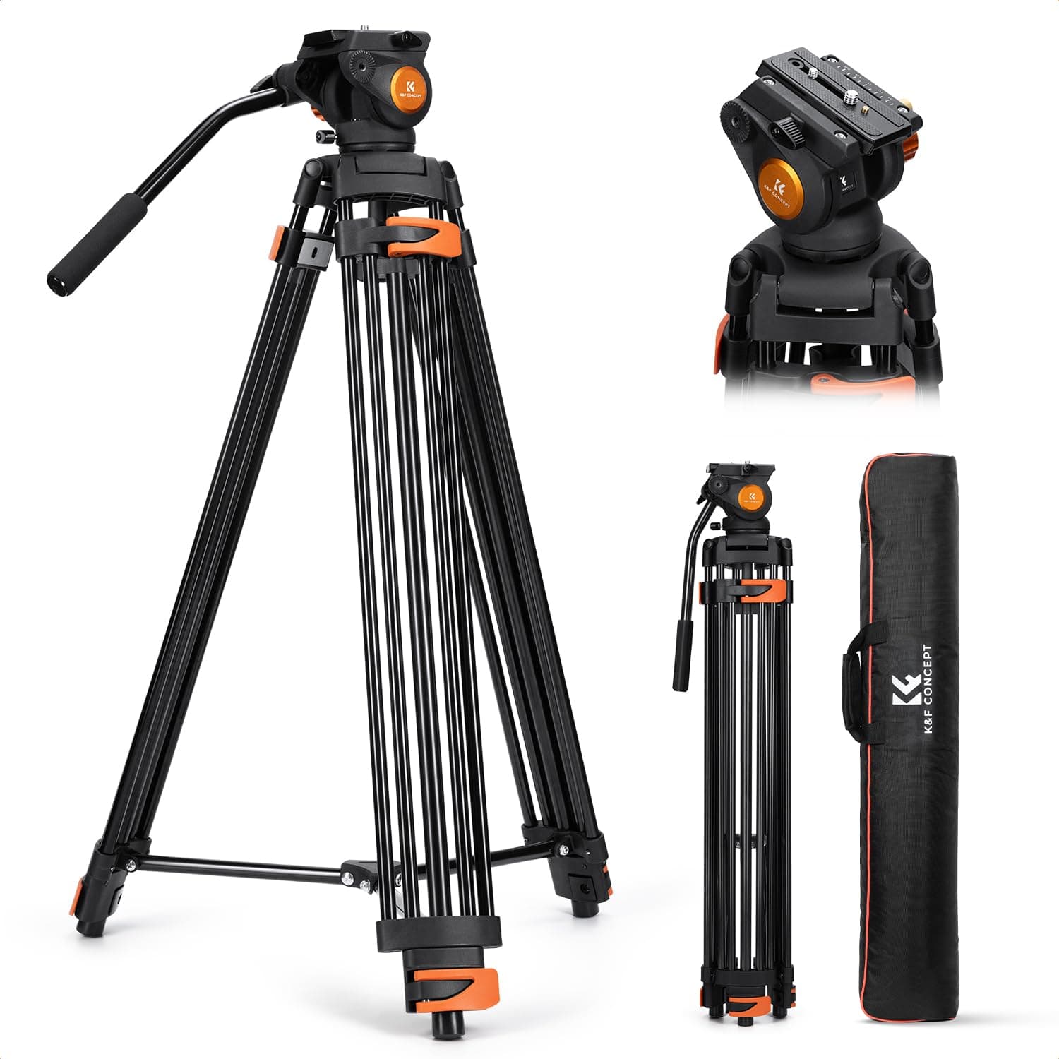 K&F CONCEPT Trípode Vídeode 202cm con Cabezal Fluido, Trípode Cámara de Aluminio de Alta Resistencia con Amortiguación de Fricción Suave para DSLR, Videocámara, Carga Máxima 8kg