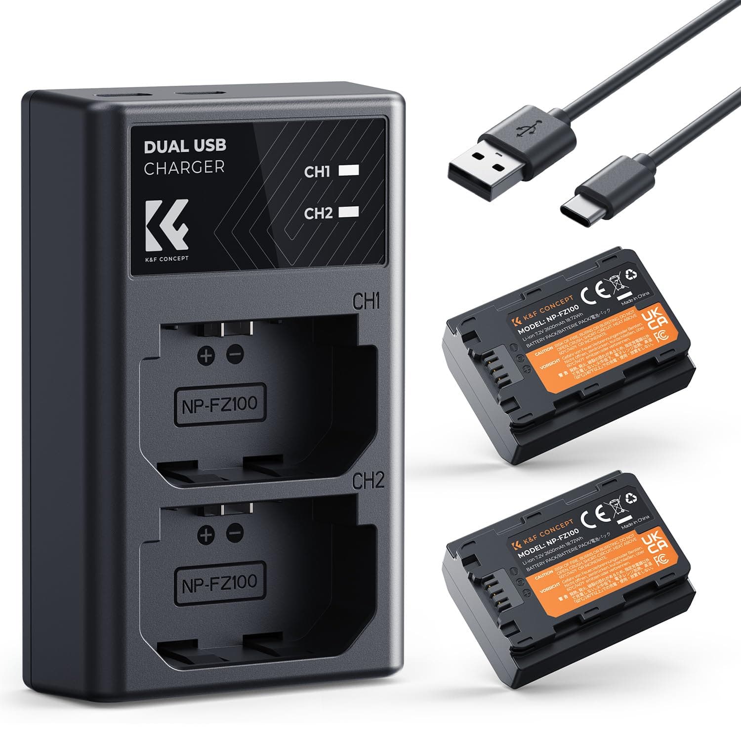 K&F CONCEPT NP-FZ100 Kamera Akku,2er Pack 2280mAh Kameraakku USB Dual Ladegerät für Sony Alpha 9, A9, Alpha 9R, A9R, Alpha 9S, A9S, A7RIII A7R3, A7 III, A7R4, A7RIV ZV-E10ii Digitalkameras