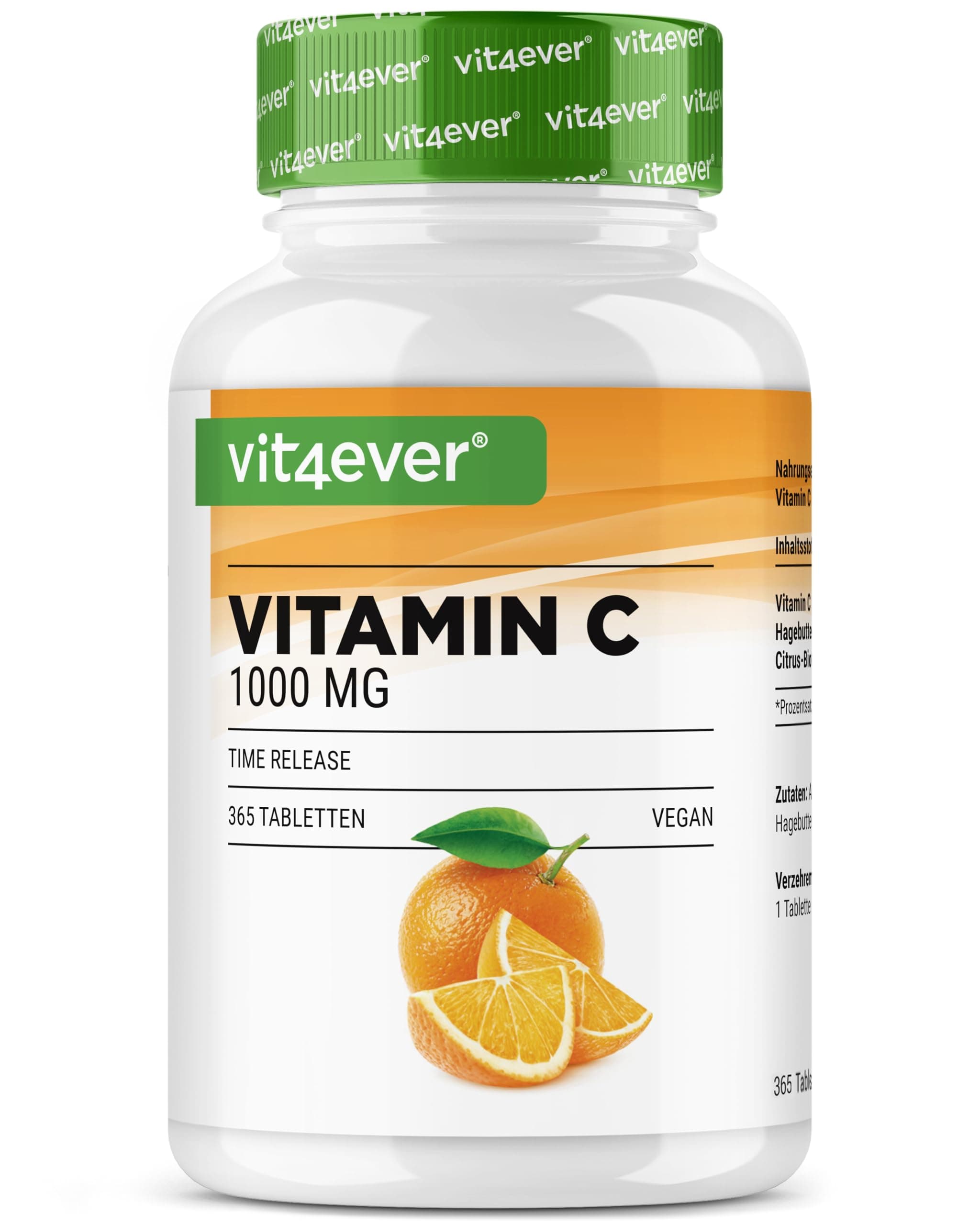 vit4ever Vitamin C 1000 mg - 365 Tabletten im Jahresvorrat - Time Released Effekt - Laborgeprüft - Vitamin C + Hagebuttenextrakt + Citrus-Bioflavonoide - Vegan, hochdosiert