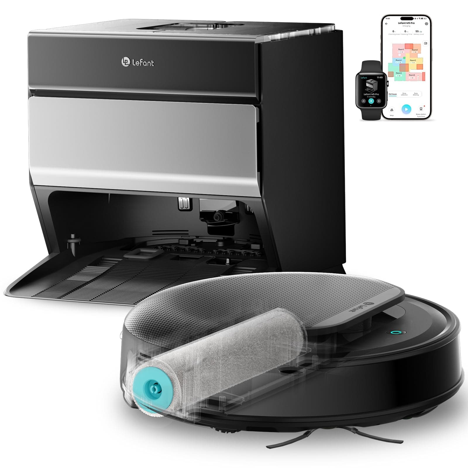 Lefant M5 Pro Robot Aspirador y Fregasuelos con Base de Autovaciado, 18000 Pa, 120 Días Autolimpieza, Autovaciado 3,2L, Lavado 75℃, Navegación Láser dToF, WiFi 5G/App/Alexa, Plateado