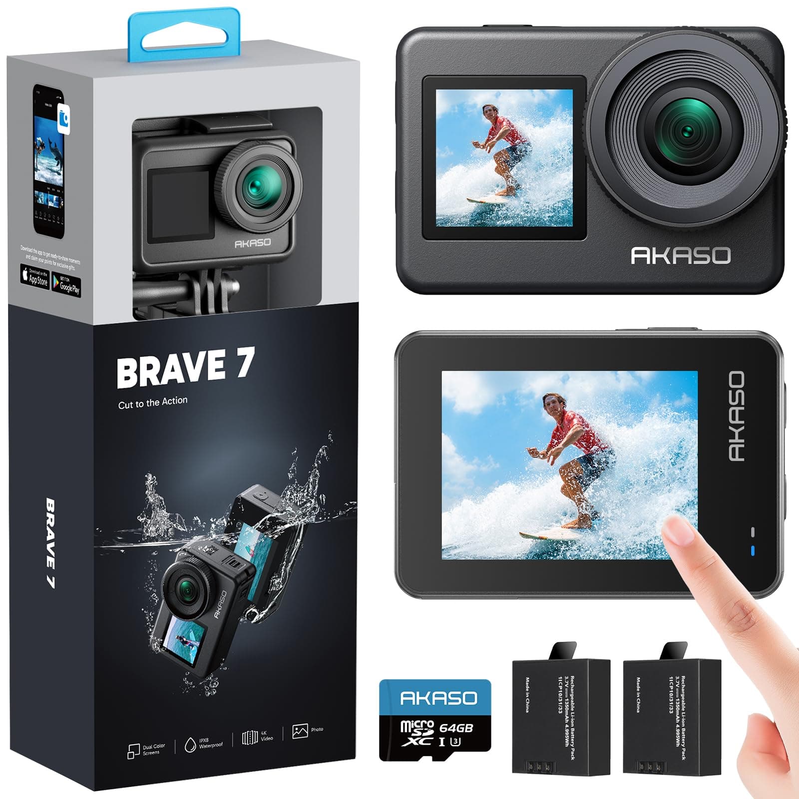 AKASO Brave 7 Caméra Sport 4K avec Carte Mémoire de 64Go - Action Cam IPX 8 Etanche Deux Écrans Tactile 20MP Caméra d‘Action, EIS 2.0 Grand Angle Zoom avec Télécommande et 2 Batteries 1350mAh
