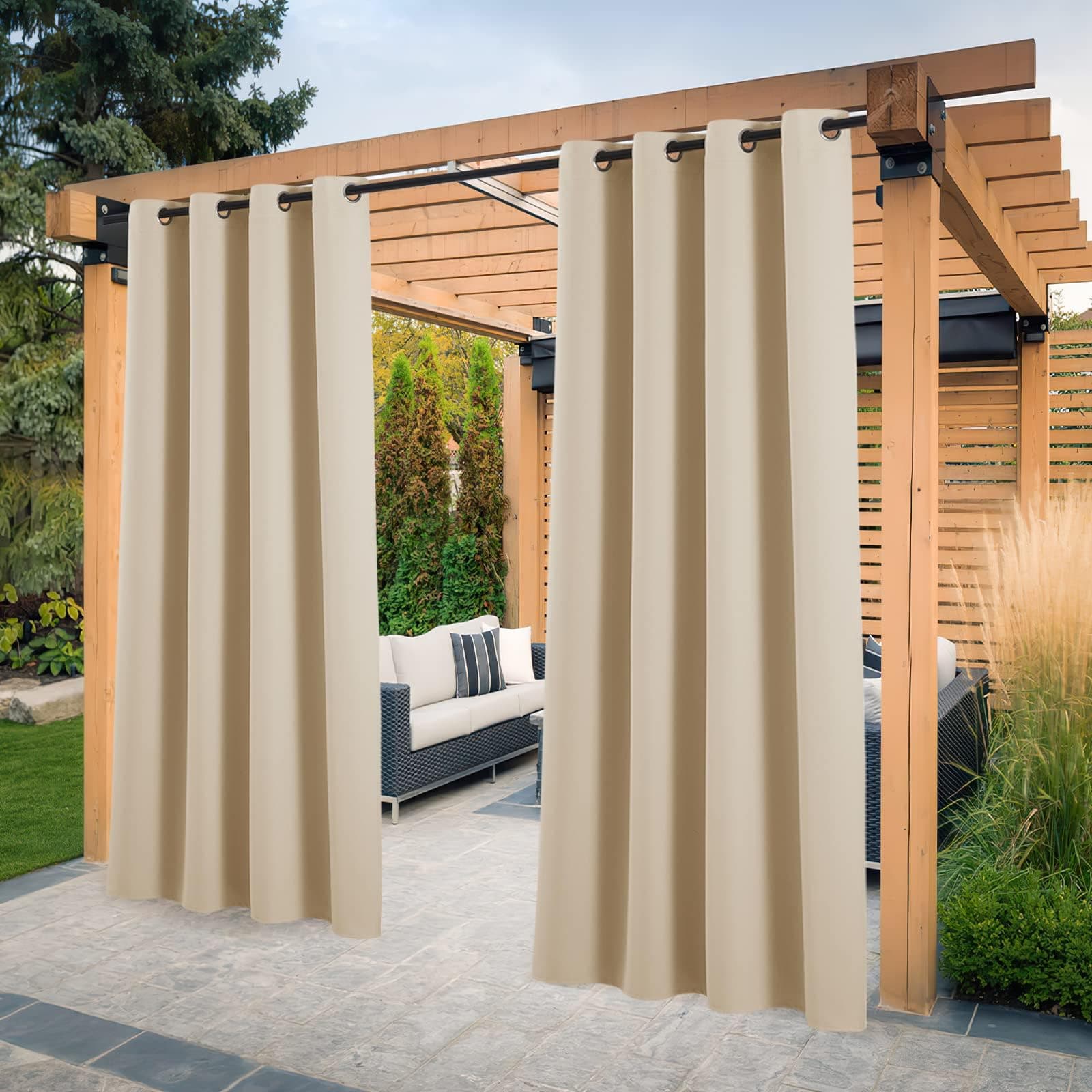 PONY DANCE 2er Set Outdoorvorhänge mit Ösen Terrasse Vorhänge Sonnenschutz & Sichtschutz Outdoor Vorhang Wetterfest Outdoor Gardinen für Pavillon/Balkon, H 213 x B 132 cm, Biscotti Beige