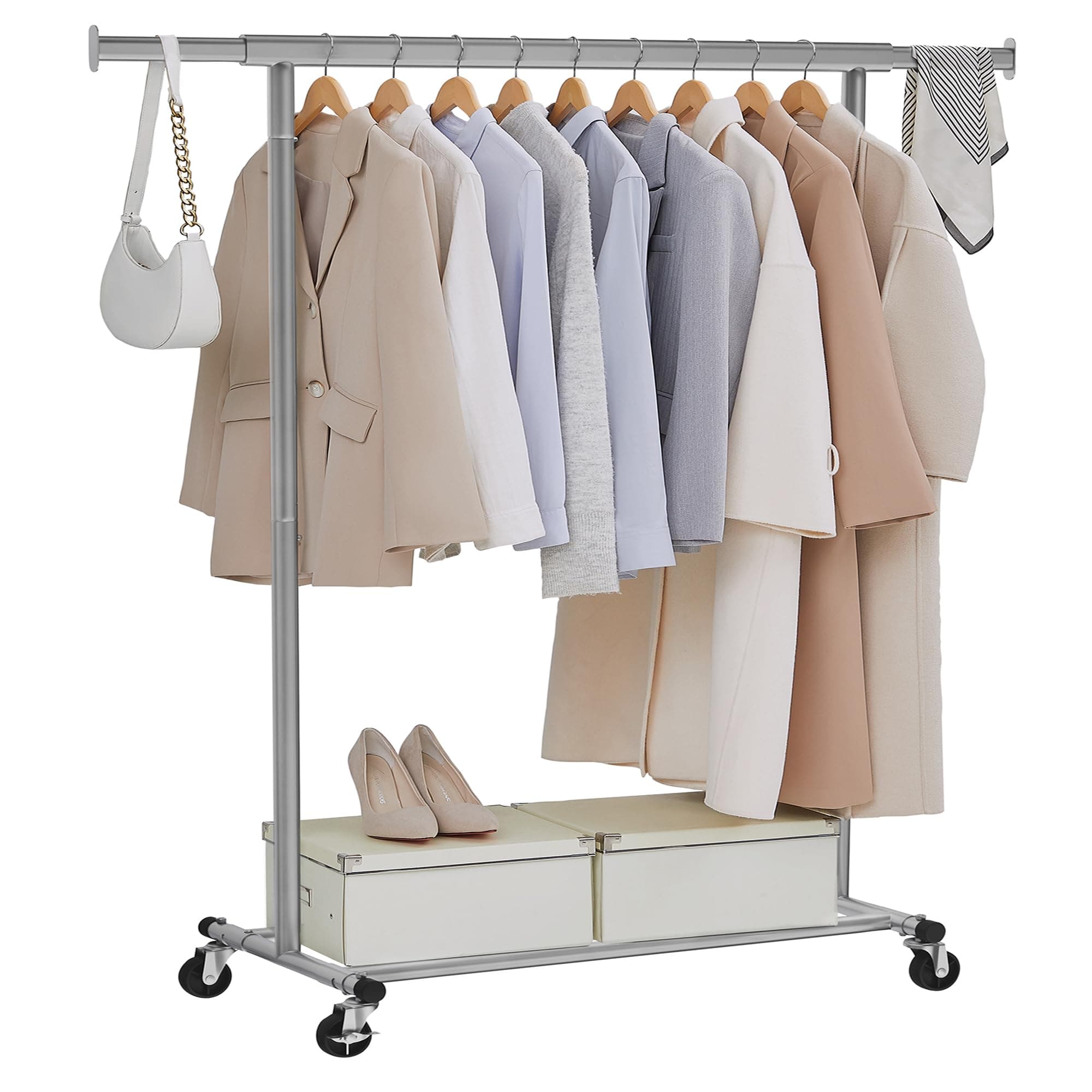 SONGMICS Stand Appendiabiti con Ruote, Attaccapanni Estensibile per Carichi Pesanti, Portata Totale 100 kg, 45 x (92-132) x 161,5 cm, Facile da Montare e Spostare, Grigio Tortora HSR013G01