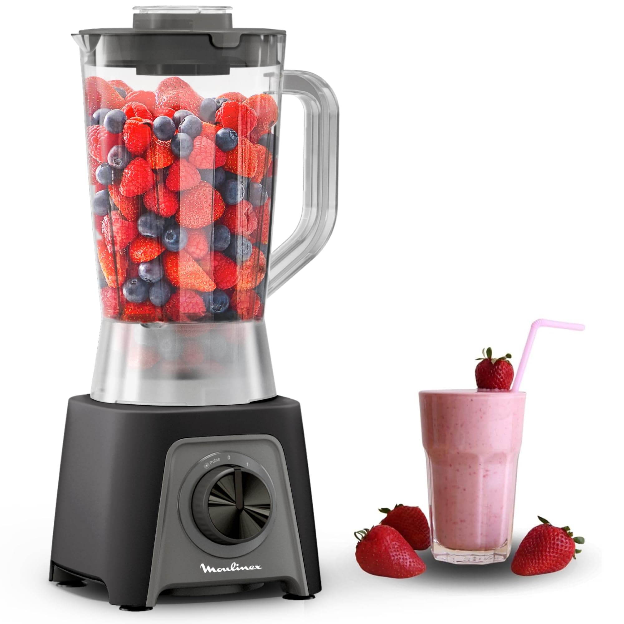 Moulinex Blendeo+, Batidora de vaso de 450 W, Jarra de 1,5 L, 2 velocidades + función Pulse, Pica hielo, Cuchillas extraíbles y muy resistentes, Gris, LM2C08F0