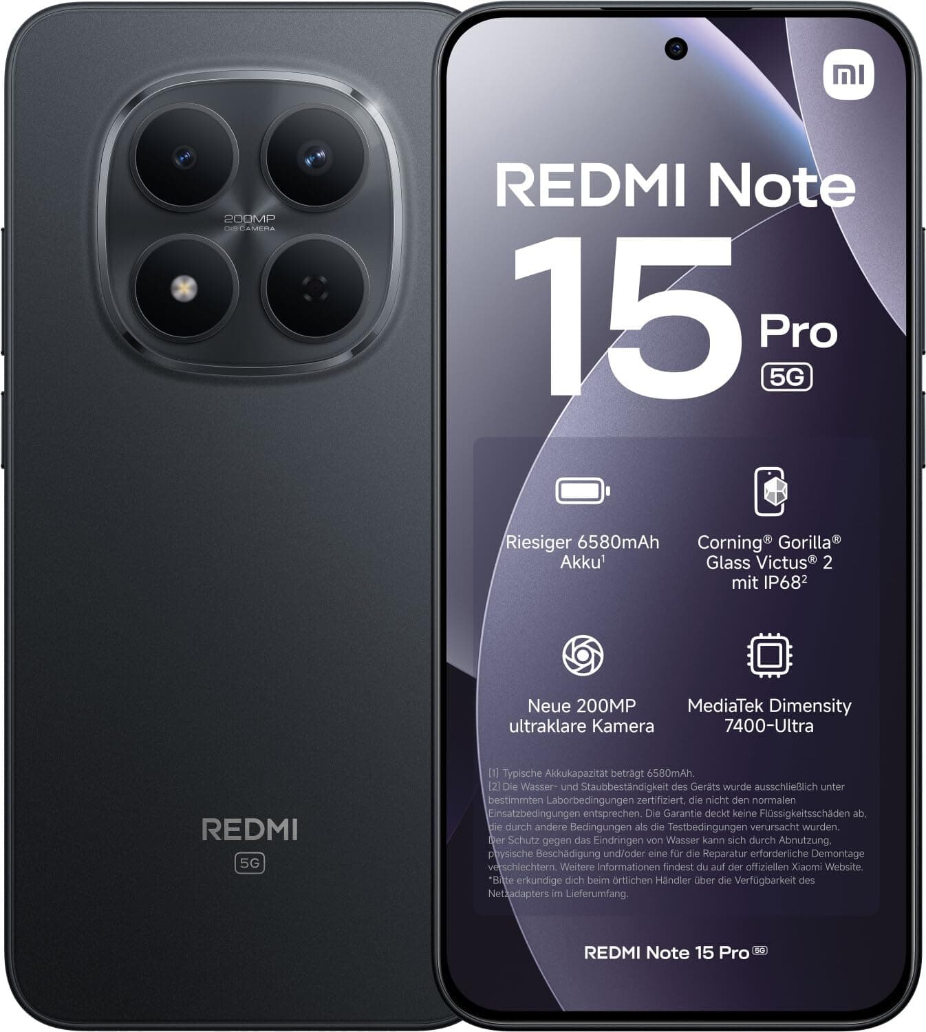 XIAOMI REDMI Note 15 Pro 5G - Smartphone de 8+256GB, Pantalla de 6,83" 1.5K AMOLED, MediaTek Dimensity 7400-Ultra, cámara de 200MP, batería de 6580 mAh, Negro