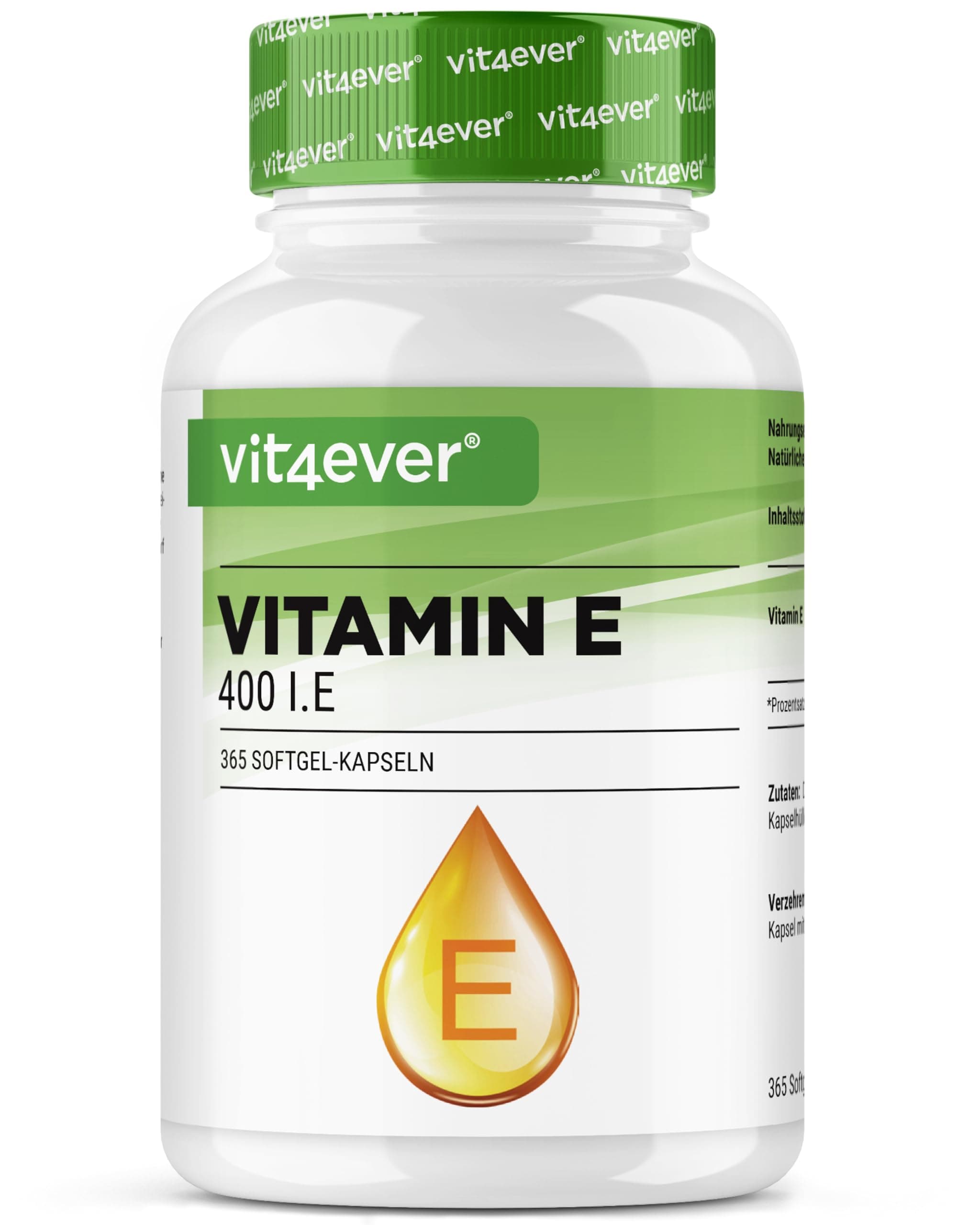 vit4ever Vitamin E 400 I.E. natürlich - 365 Softgel Kapseln - Premium: Natürliches Vitamin E aus Sonnenblumen - 12 Monatsvorrat - Hochdosiert