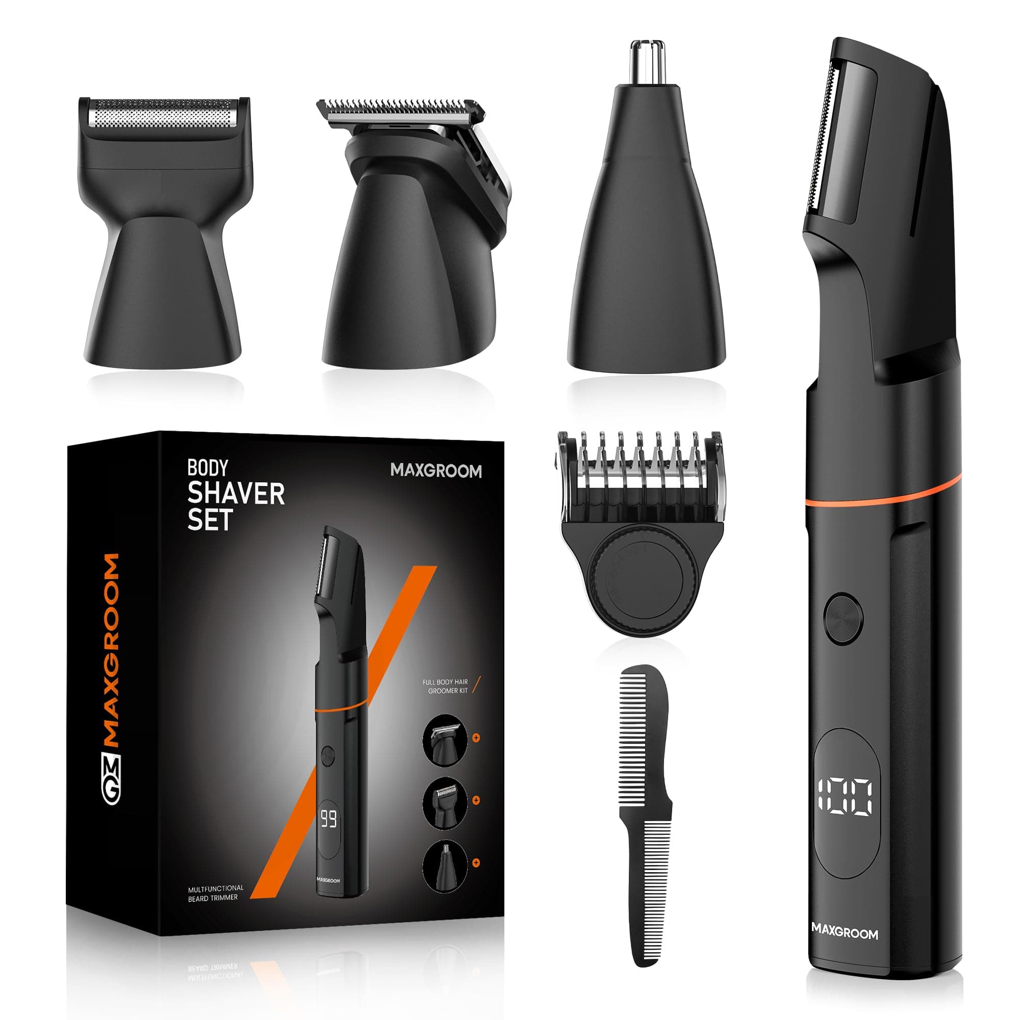 MAXGROOM Afeitadora Corporal Masculina, Set de Depiladora Corporal Hombre, 4 en 1 Maquina Depilar Hombre para Cuerpo, Genitales y Zona Intima, Recortadora en Seco y Húmedo