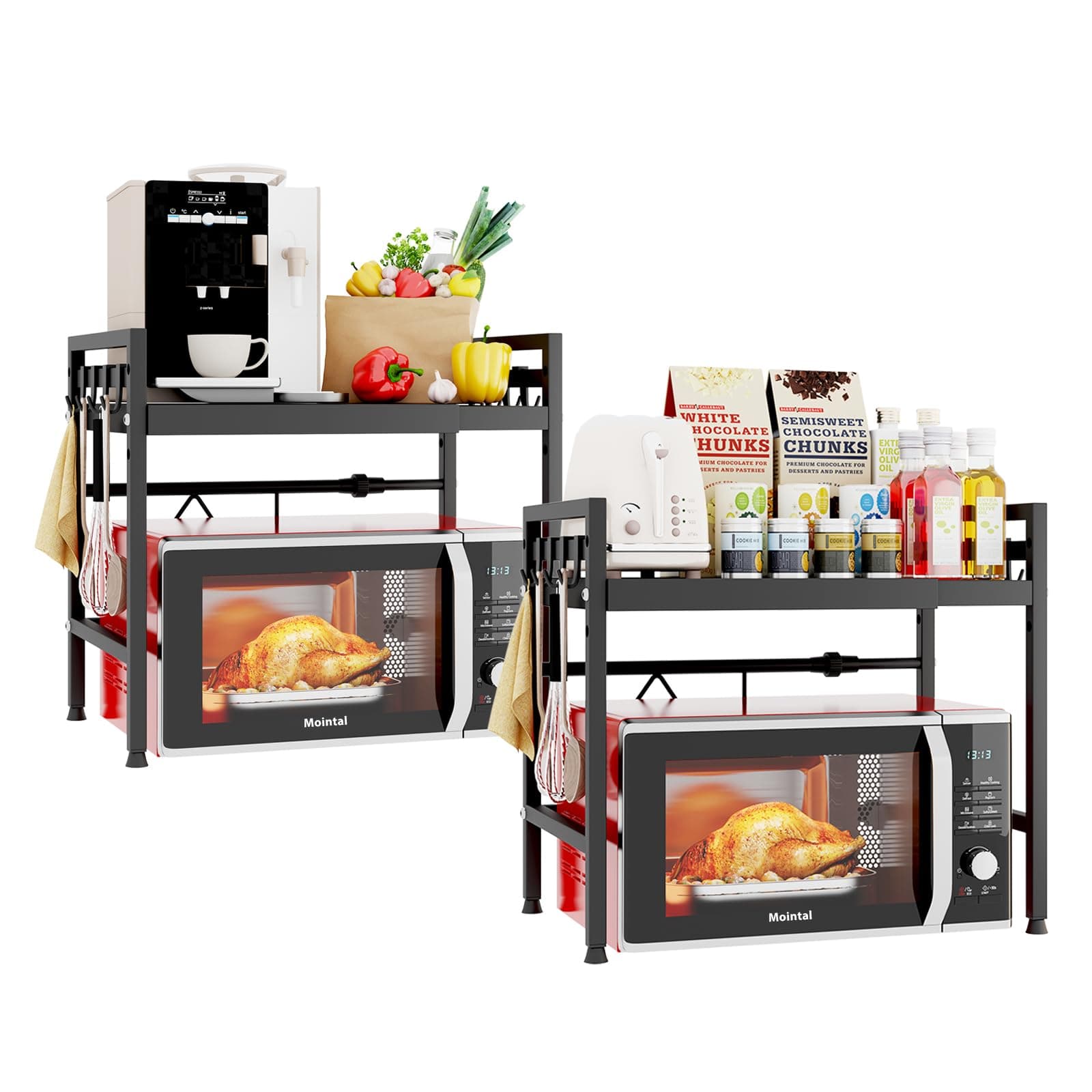Mointal 2 Pezzi Scaffale per Microonde, Supporto per Microonde Regolabile a 2 Livelli, Mensola da Cucina in Metallo per Stoccaggio da Banco, Organizzatore Porta Microonde con 8 Ganci, Nero