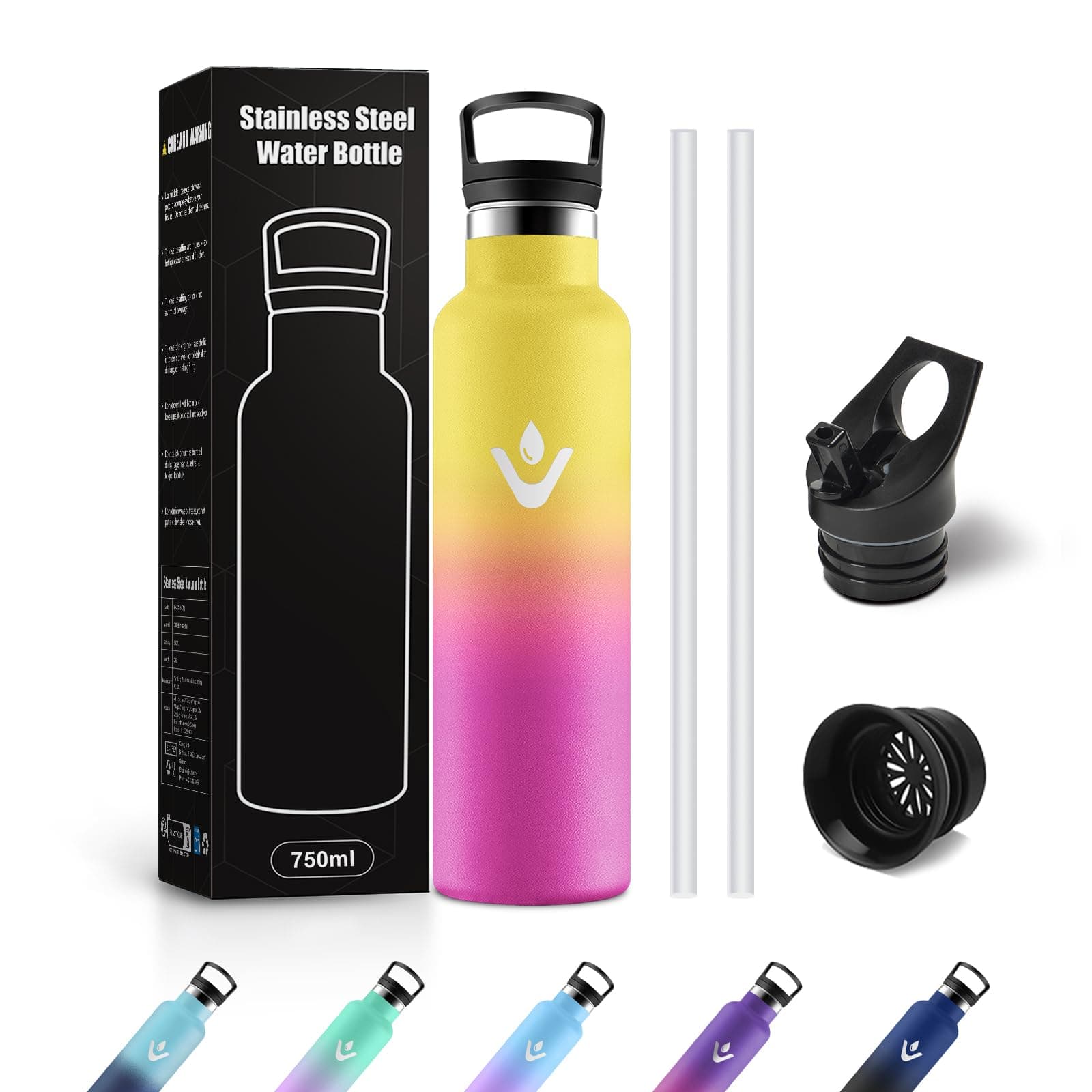 JAPORIA Borraccia Acciaio Inox 750ml, Termos con Cannuccia, a prova di perdite, Riutilizzabile, senza BPA, per Viaggio, Campeggio, Gimnasio