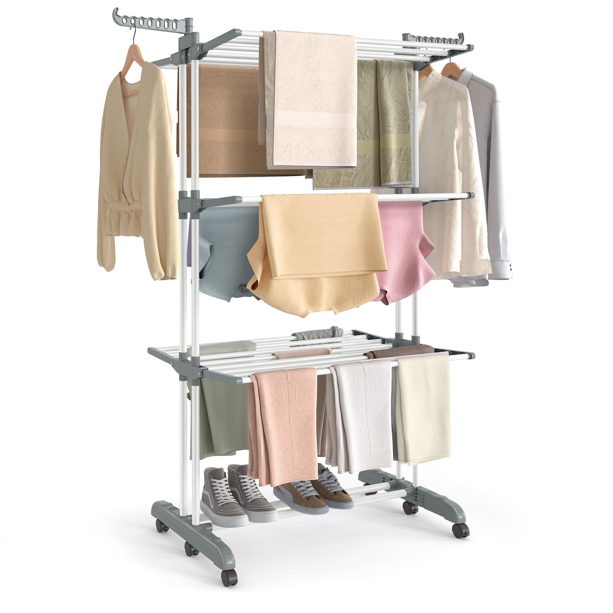 SONGMICS Étendoir à Linge, Séchoir Mobile à 4 Niveaux, avec Roulettes, Pliable, 63,5 x 125,5 x 173 cm, Grande Capacité, Utilisation Intérieure et Extérieure, Blanc Nuage et Gris Tourterelle LLR703WZ02