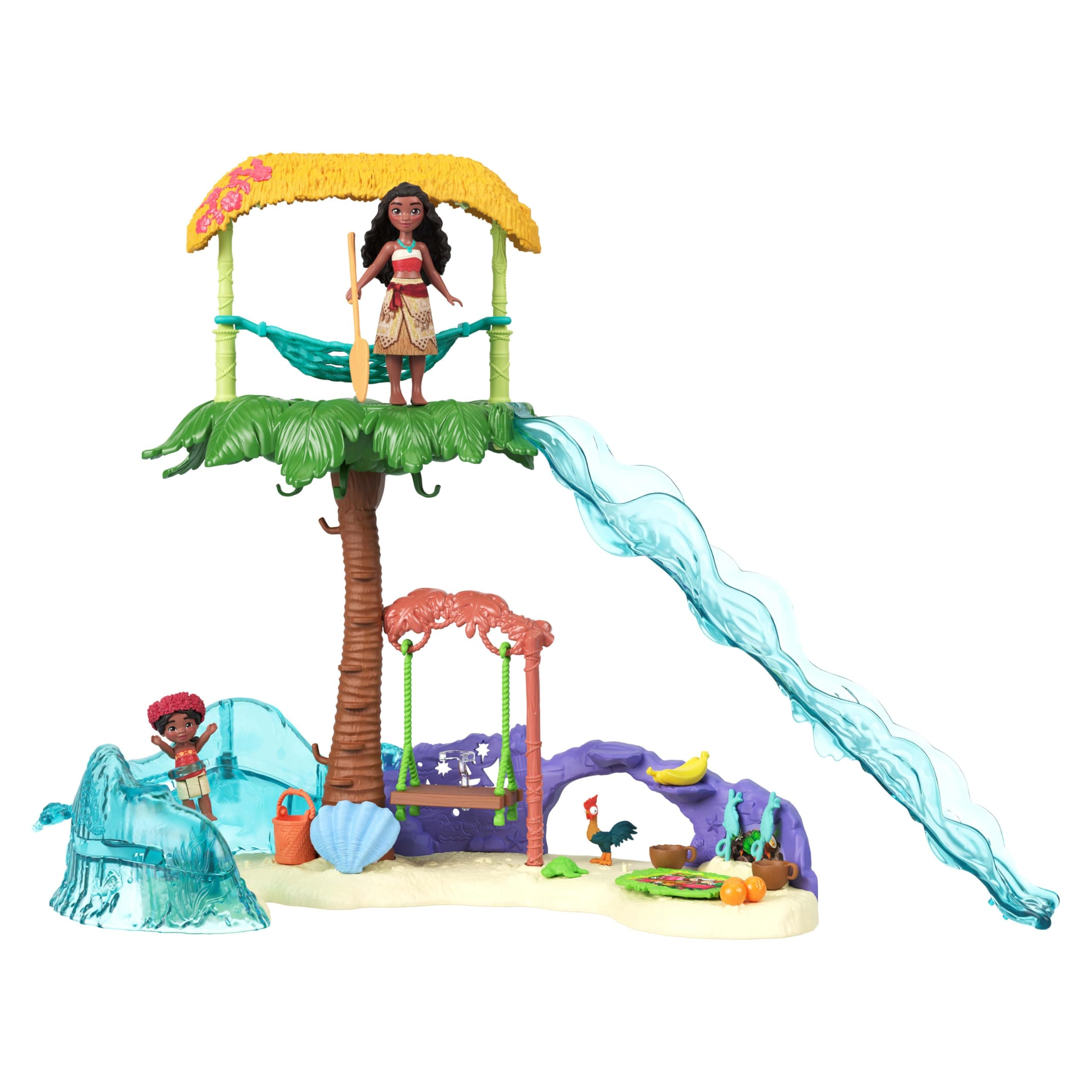 Mattel Disney Vaiana 2 Spielzeuge, Vaianas Inselabenteuer-Spielset mit kleinen Vaiana- und Simea-Puppen, 2 Charakterfreunden, 5 Spielbereichen und 8 Zubehörteilen, JFF13