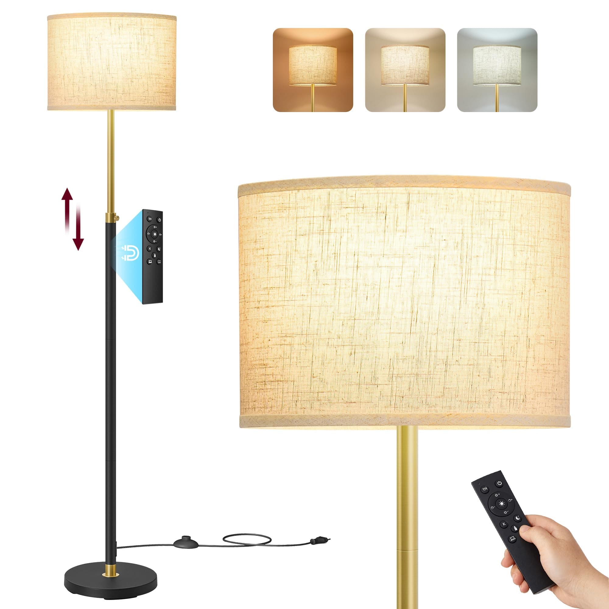 VASAGLE Lampada da Terra, Lampada da Lettura, Altezza 140-170 cm, Piantana Moderna, Interruttore a Pedale, Paralume in Tessuto, Attacco E27, Telecomando, Funzione Memoria, Colore Oro e Nero LFL005BD02