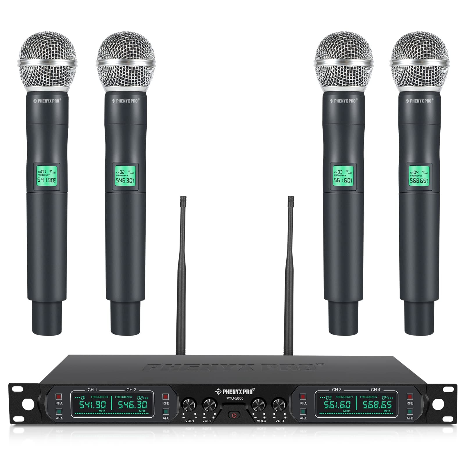 Phenyx Pro 4-Canales UHF Sistema de Micrófono Inalámbrico de Metal, de Frecuencia Fija con 4 Micrófonos Dinámicos de Mano, Alcance de 260ft, para Cantar, Iglesia(PTU-5000-4H)