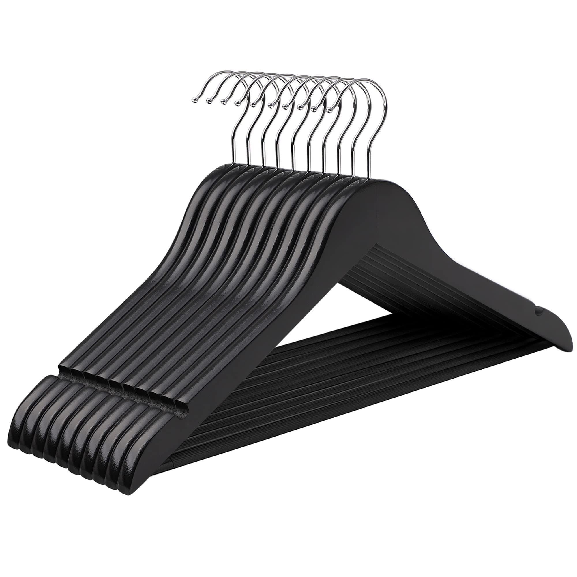 SONGMICS Kleiderbügel Holz, 10er Set, Bügel aus Massivholz, Einkerbungen im Schulterbereich, Rutschfester Hosensteg, um 360° drehbarer Haken, für Anzüge, Hemden, schwarz-silbern CRW02B10