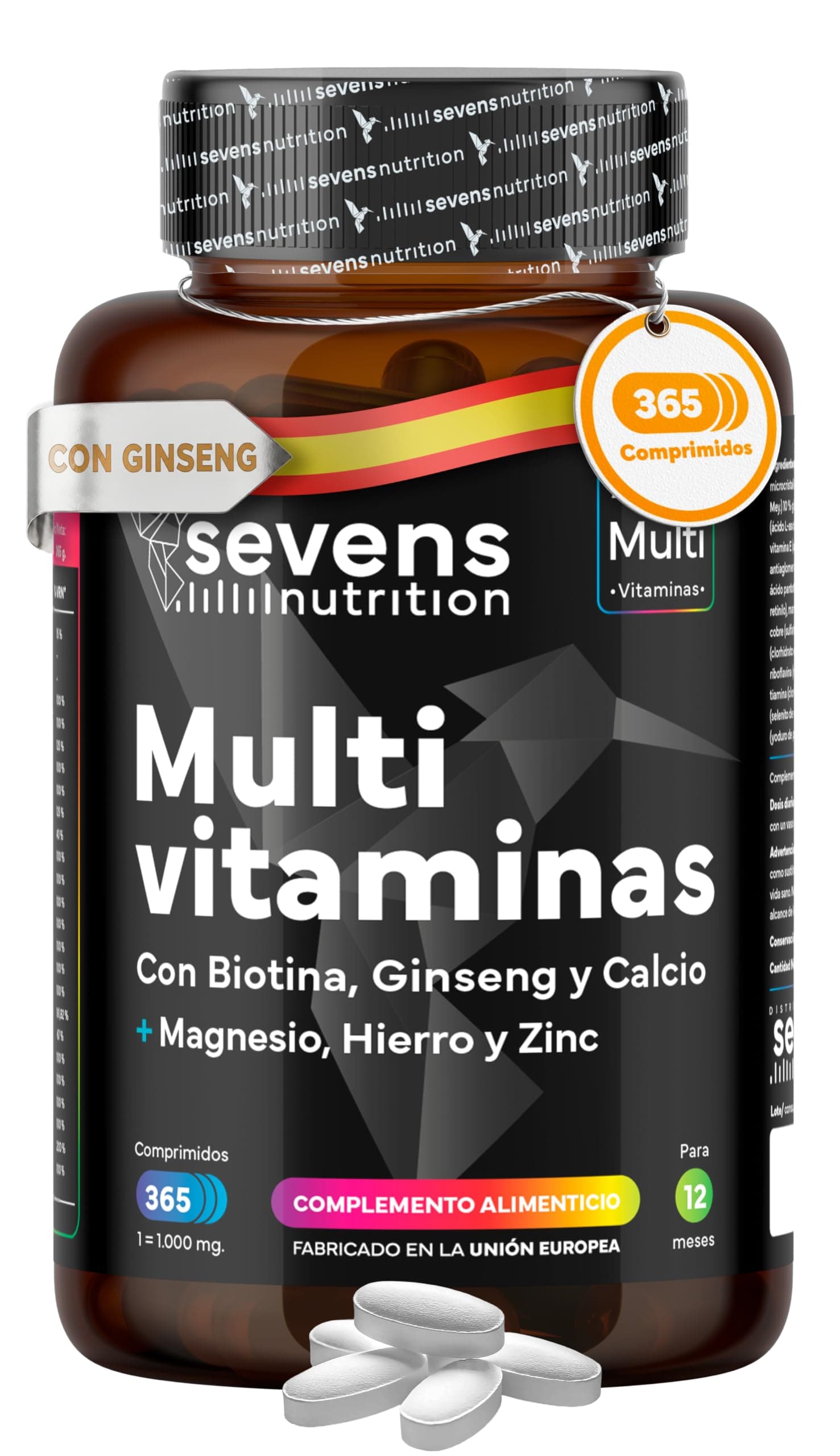 Vitaminas para el Cansancio con Magnesio y Ginseng - Multivitaminas para Hombre y Mujer -365 Comprimidos para 1 año de suministro - Complejo Multivitamínico Completo con Minerales y Ginseng- Sevens