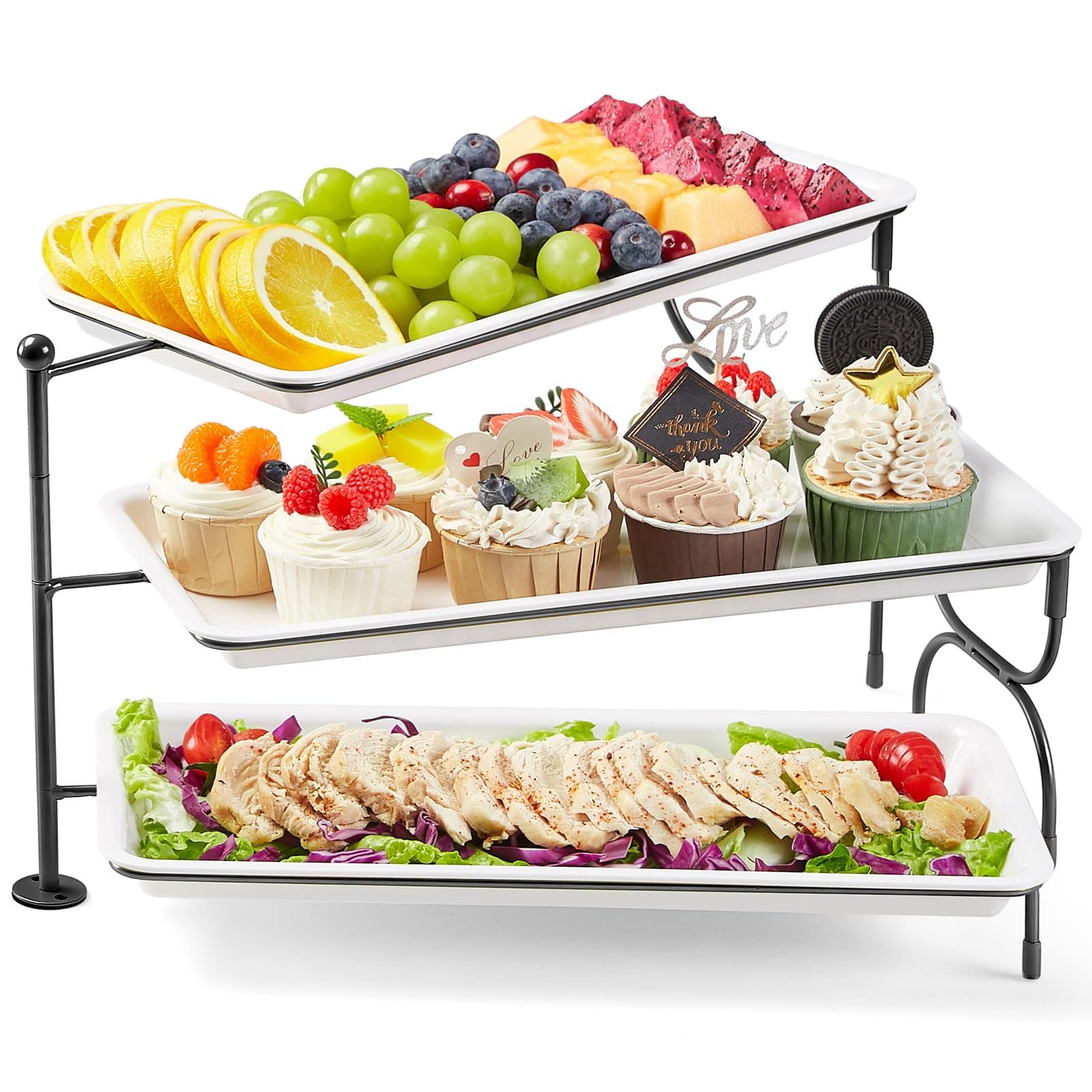 Lifewit Etagere 3 Etagen mit 36 x 17 cm/14x 6.5 Servierplatte, Kunststoff Serviertablett Servierteller mit Klappbar Metallregal, Buffet Party Zubehör für Speise Obst Kekse Torte Desserts, Drehbar