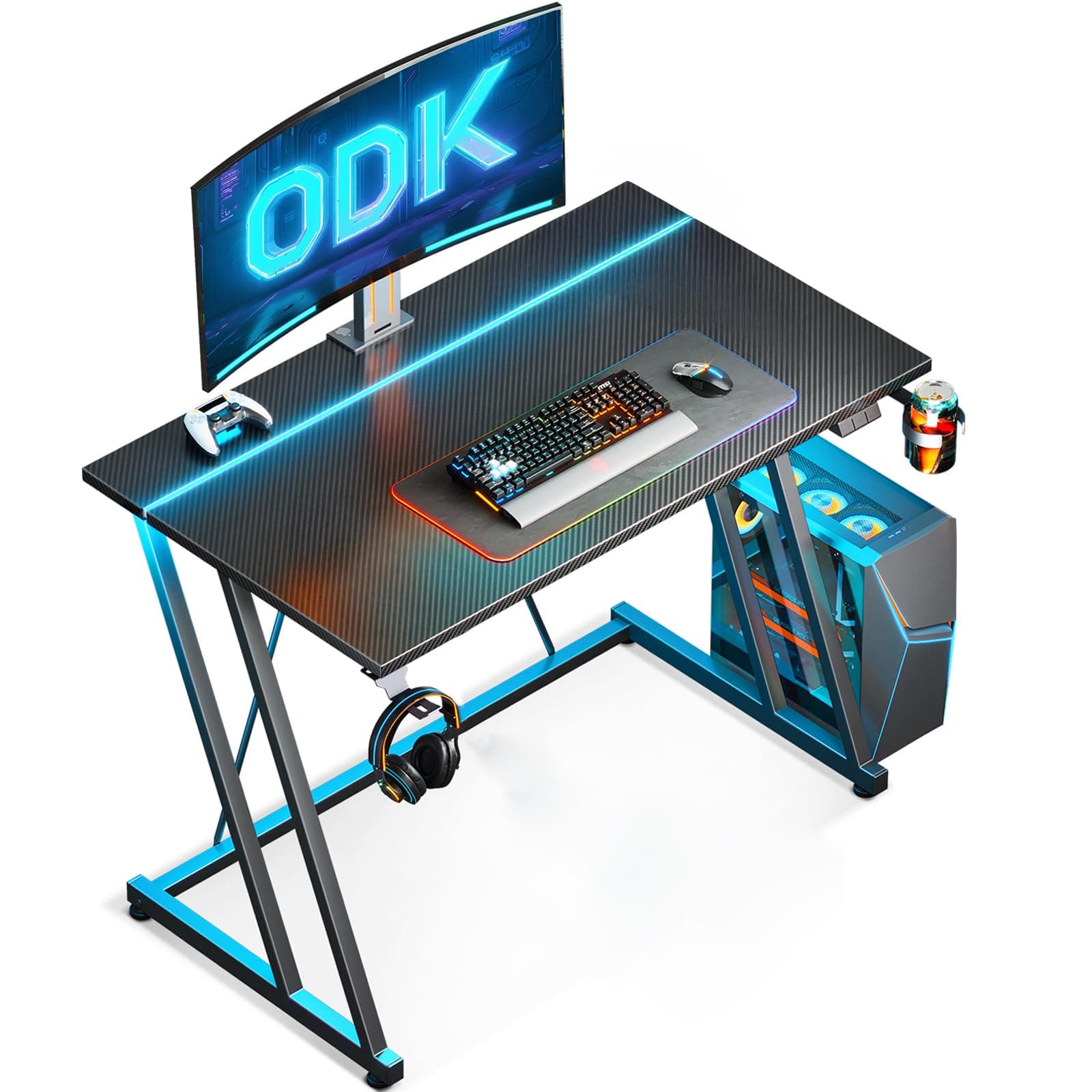 ODK 80 × 50 cm Mesa Gaming con Luces LED, Escritorio Gaming con Soporte para Taza y Gancho para Auriculares, Diseño Doble Z Mesa Mesa Ordenador Fibra de Carbono Negro