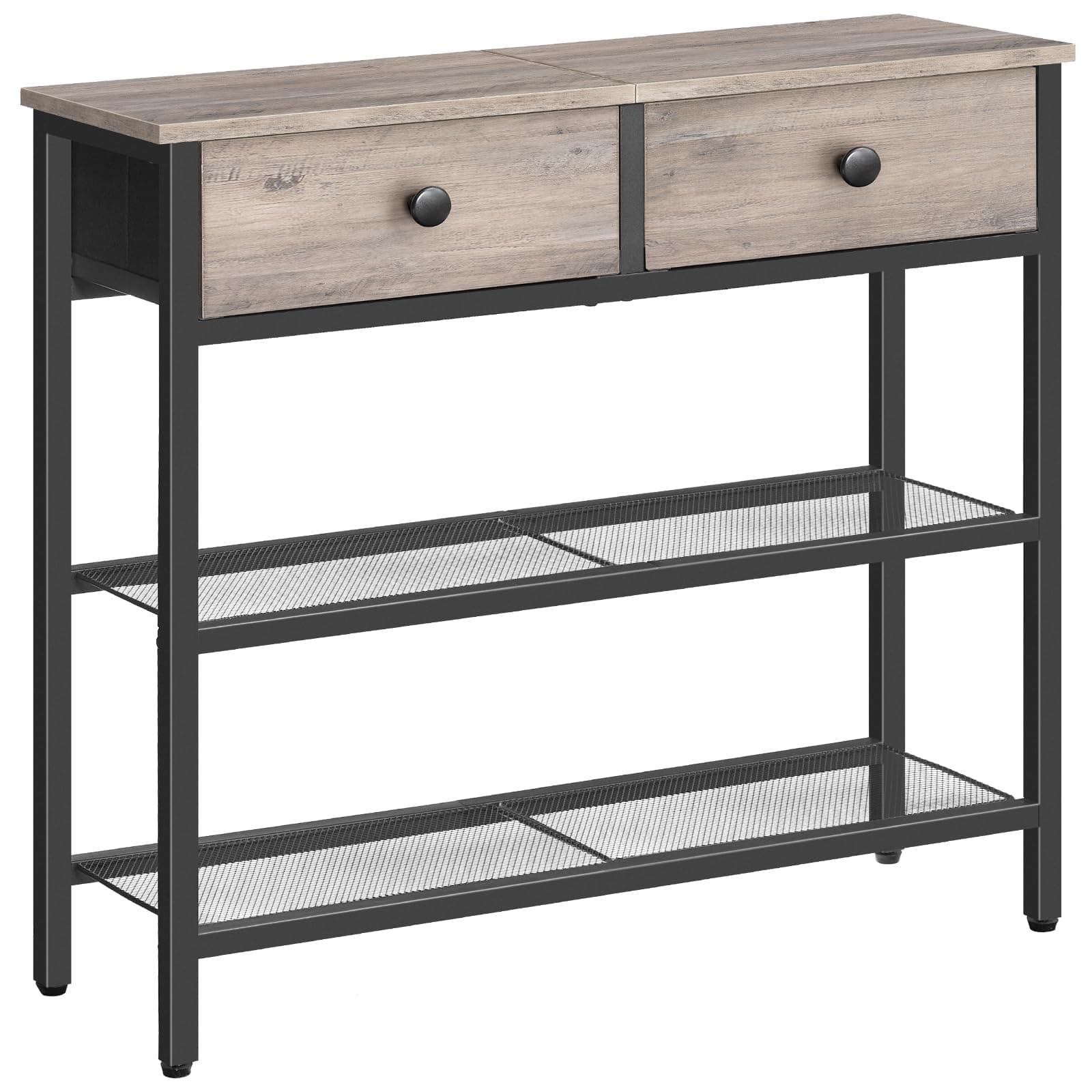 HOOBRO Mesa de Entrada de 75 cm de Largo, Mesa de Sofá de Estilo Industrial con Dos Cajones de Tejido no Textil, Consola con 3 Estantes, Dormitorio, Vestíbulo, Gris Envejecido y Negro EBG72XG01