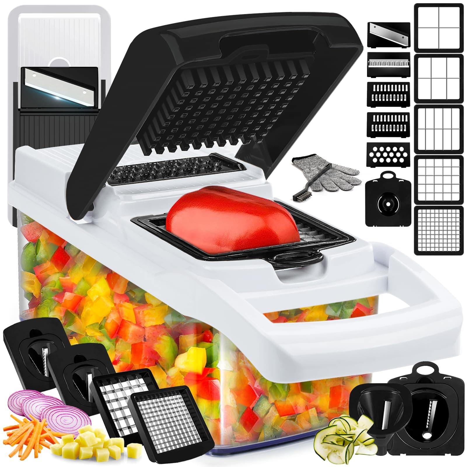 Hachoir à légumes et mandoline 25 en 1 - Hachoir alimentaire avec récipient et coupe-légumes - Coupe-légumes, coupe-légumes et trancheuse pour salade, oignon, pomme de terre et tomate - Gadget de