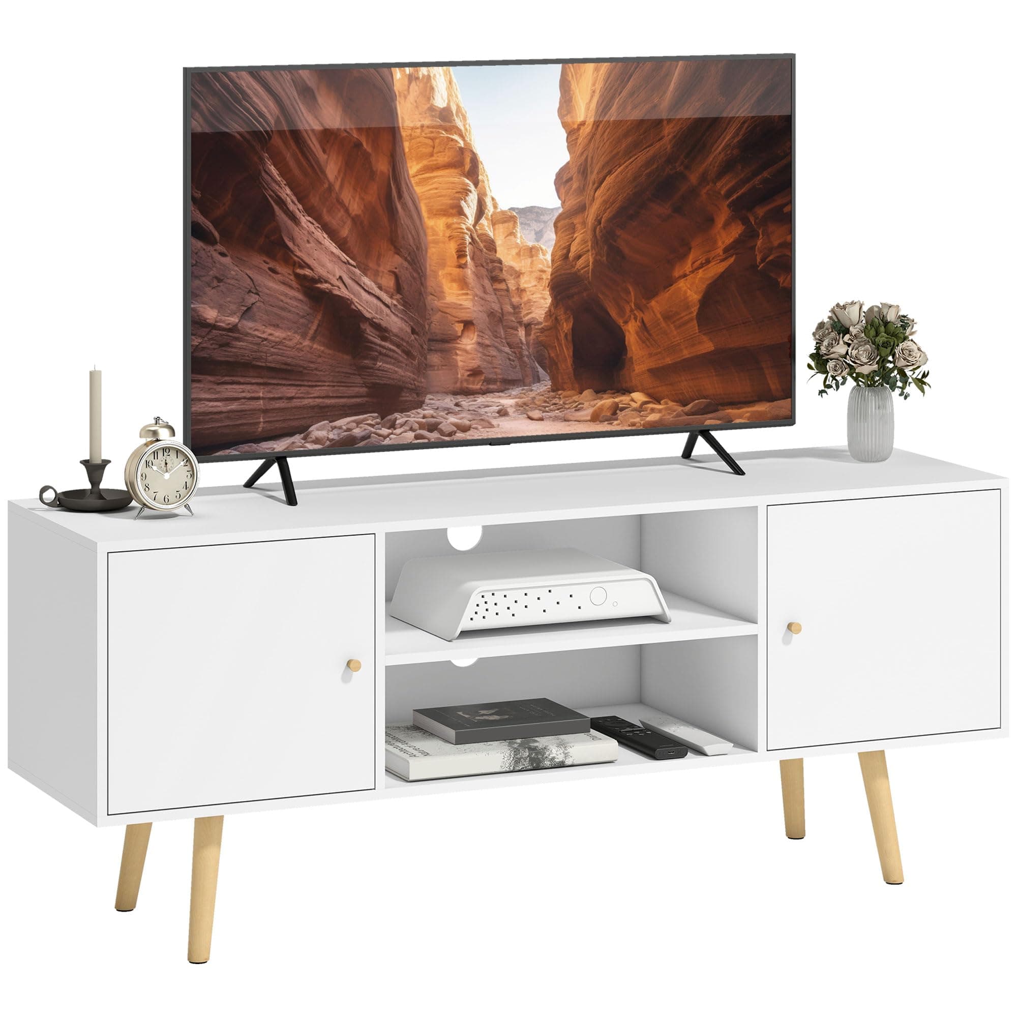 HOMCOM Meuble TV 120 cm, Meuble télé pour téléviseur jusqu'à 55 Pouces avec 2 placards et 2 étagères Ouvertes, Banc TV Moderne pour Salon, Chambre à Coucher, Blanc