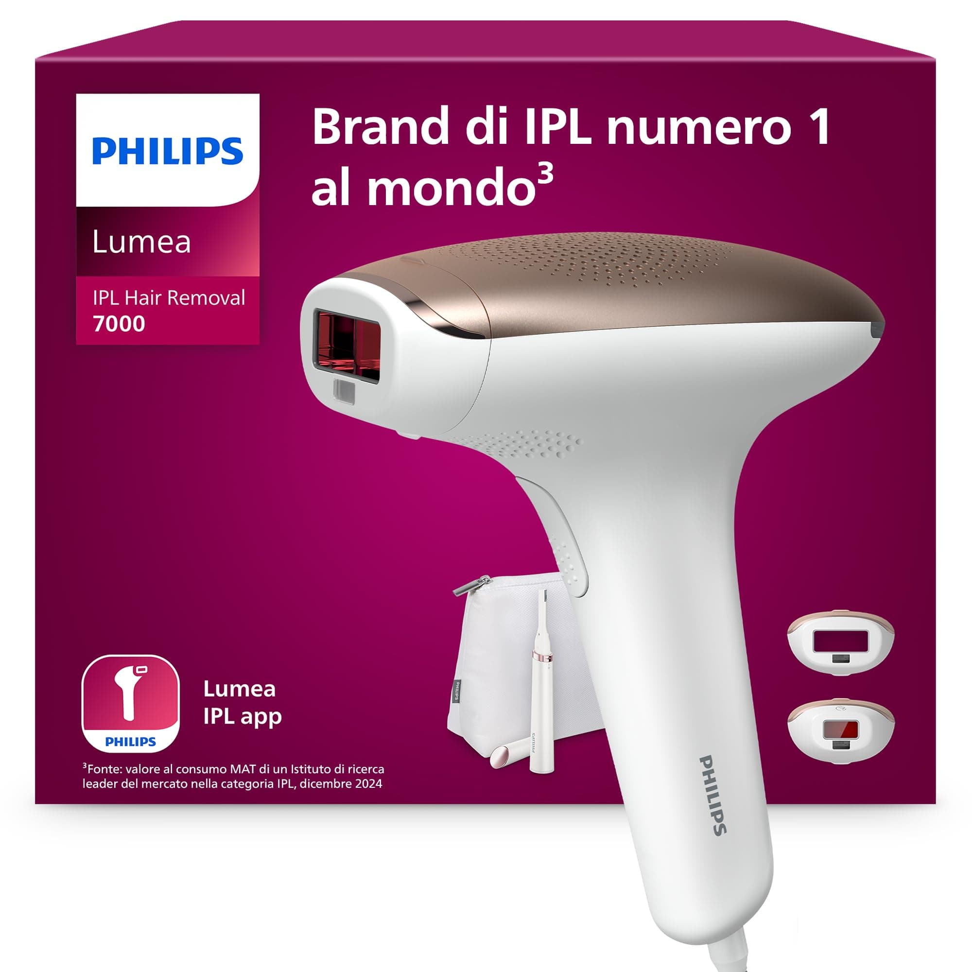 Philips Lumea 7000 Series, dispositivo di epilazione IPL, alternativa ai dispositivi di epilazione laser, con rifinitore a penna Satin Compact, 2 accessori per viso e corpo, modello BRI921/00