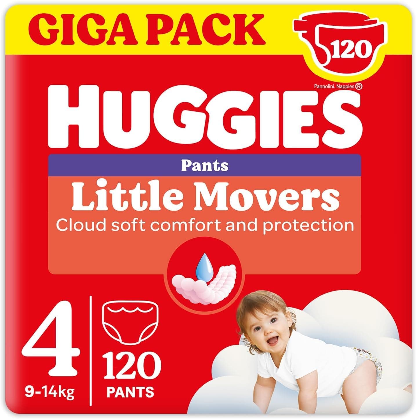 Huggies Little Movers Pannolini Mutandina Taglia 4 (9-14 Kg), Ultra assorbente, Protezione completa, 120 Pz