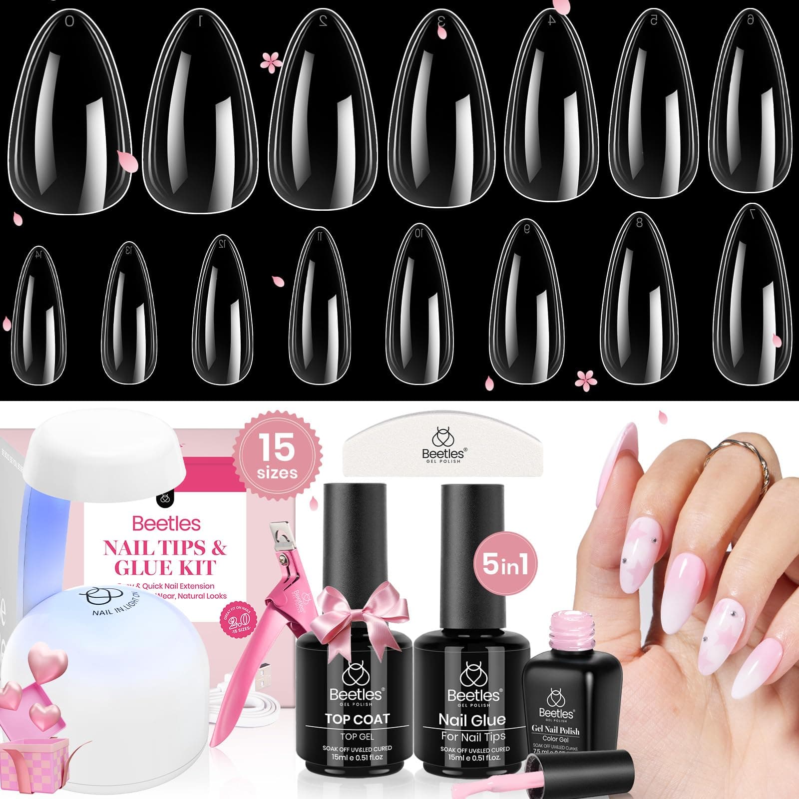 Beetles 600 Stück Nägel Tipps Mandel Mittlerer Set mit Rosa Gel Nagellack,Full Cover Nail Tips mit Lamp für Gelnägel,Kurze Nagelspitzen Tips für Nagelstudios und Maniküre