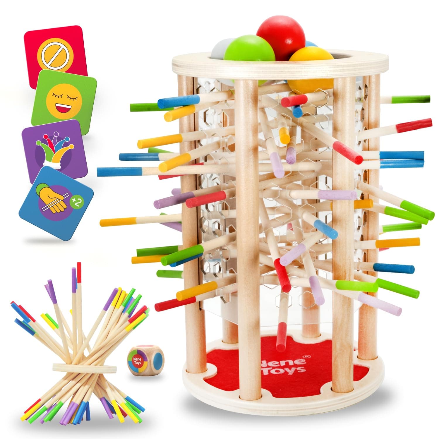 Nene Toys BALLFALL Grand – Jouet Montessori pour Enfants 3 4 5 6 Ans – Jeu de Société en Bois avec Bâtonnets Colorés, Dés & Cartes – Jeu Éducatif et Familial – Cadeau pour Garçons Filles 3 à 9 Ans
