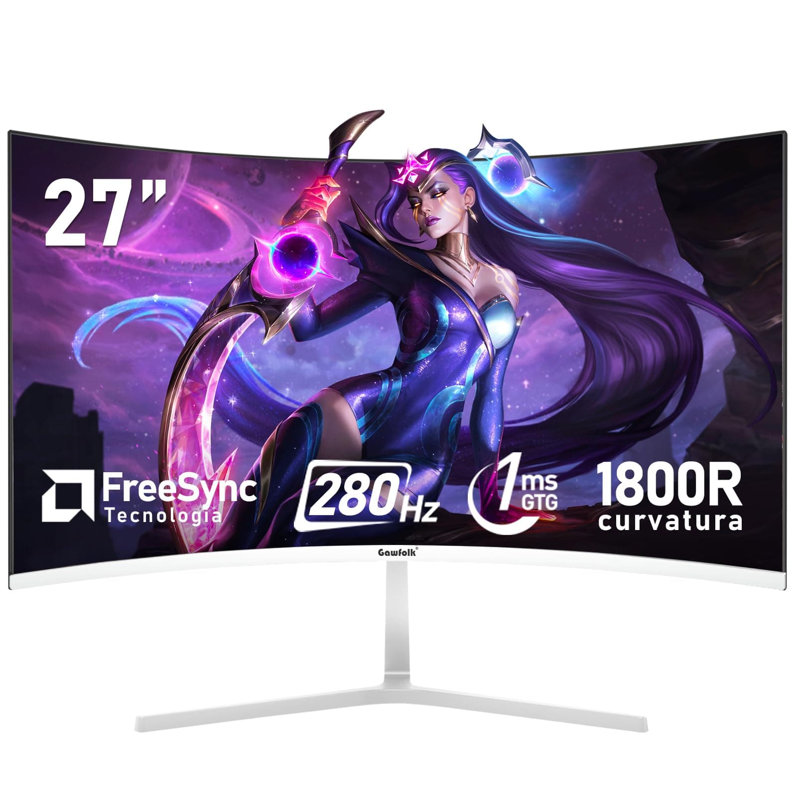 Gawfolk 27 pollici 280Hz curvo monitor per computer da gioco, 1800R,FHD 1080P, 98% sRGB, 1ms,FreeSync,178 ° grandangolo,HDMI、DisplayPort,Compatibile con il montaggio a parete 100 * 100mm - bianco