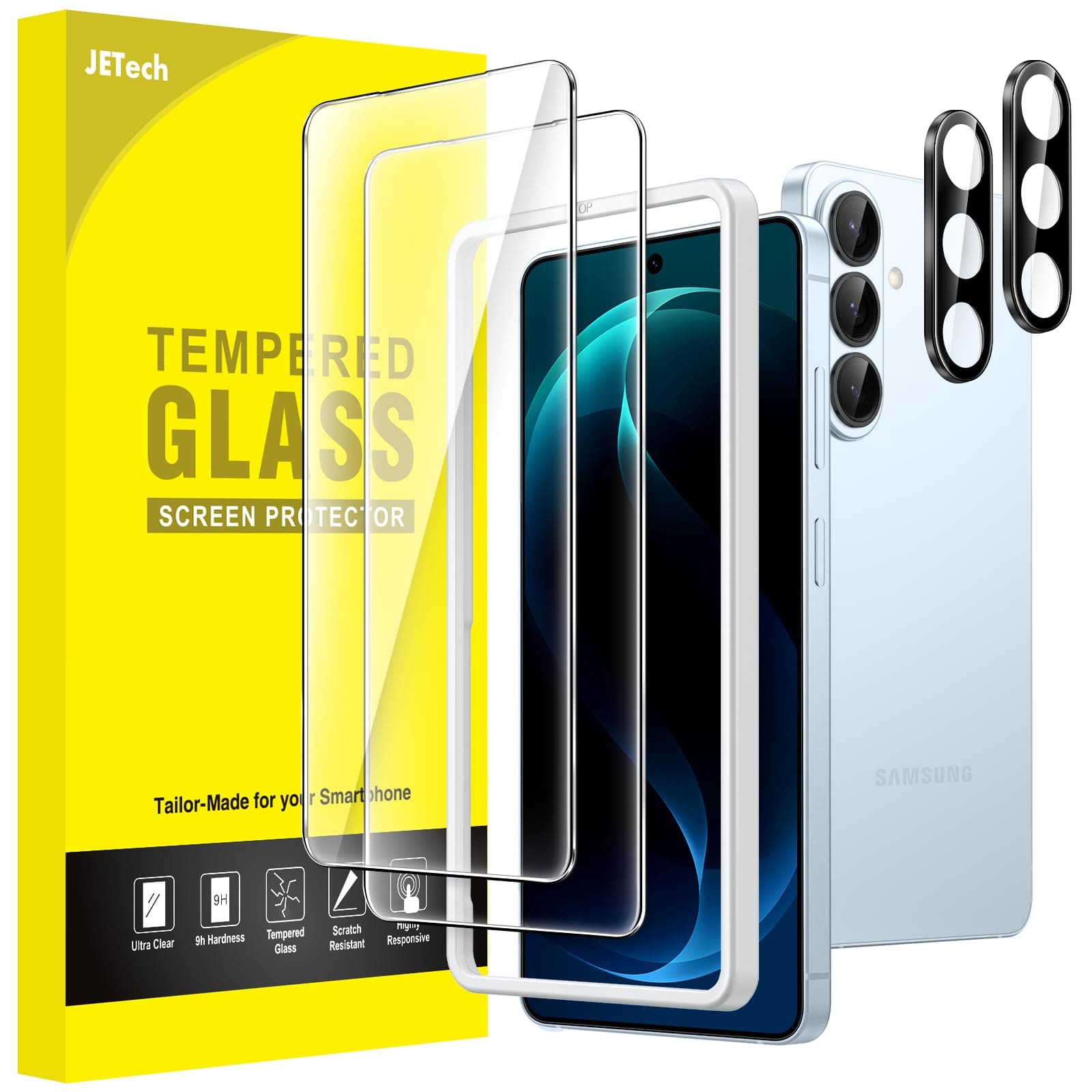 JETech Schutzfolie für Samsung Galaxy S26 mit Kameraschutz, 9H Gehärtete Glas Displayschutz mit Einfachem Installationswerkzeug, Fingerabdruck ID Kompatibel, HD Klar, 2 Stück Jeweils