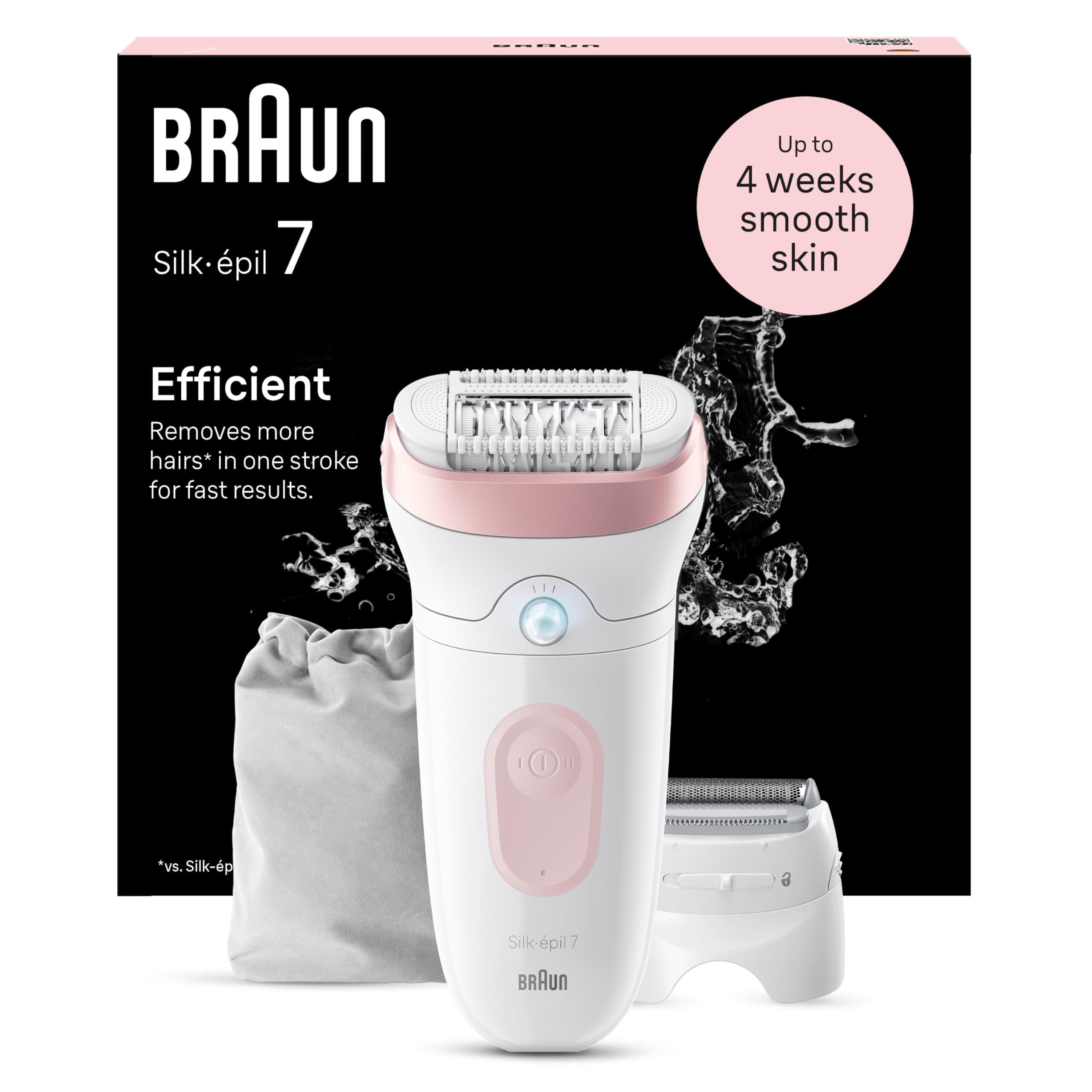 Braun Silk-épil 7, Depiladora Eléctrica Mujer Para Una Eliminación Del Vello Fácil, Depilación En Seco Y En Mojado, Con Cabezal De Rasuradora, Piel Suave Duradera, 7-030, Blanco/Flamenco