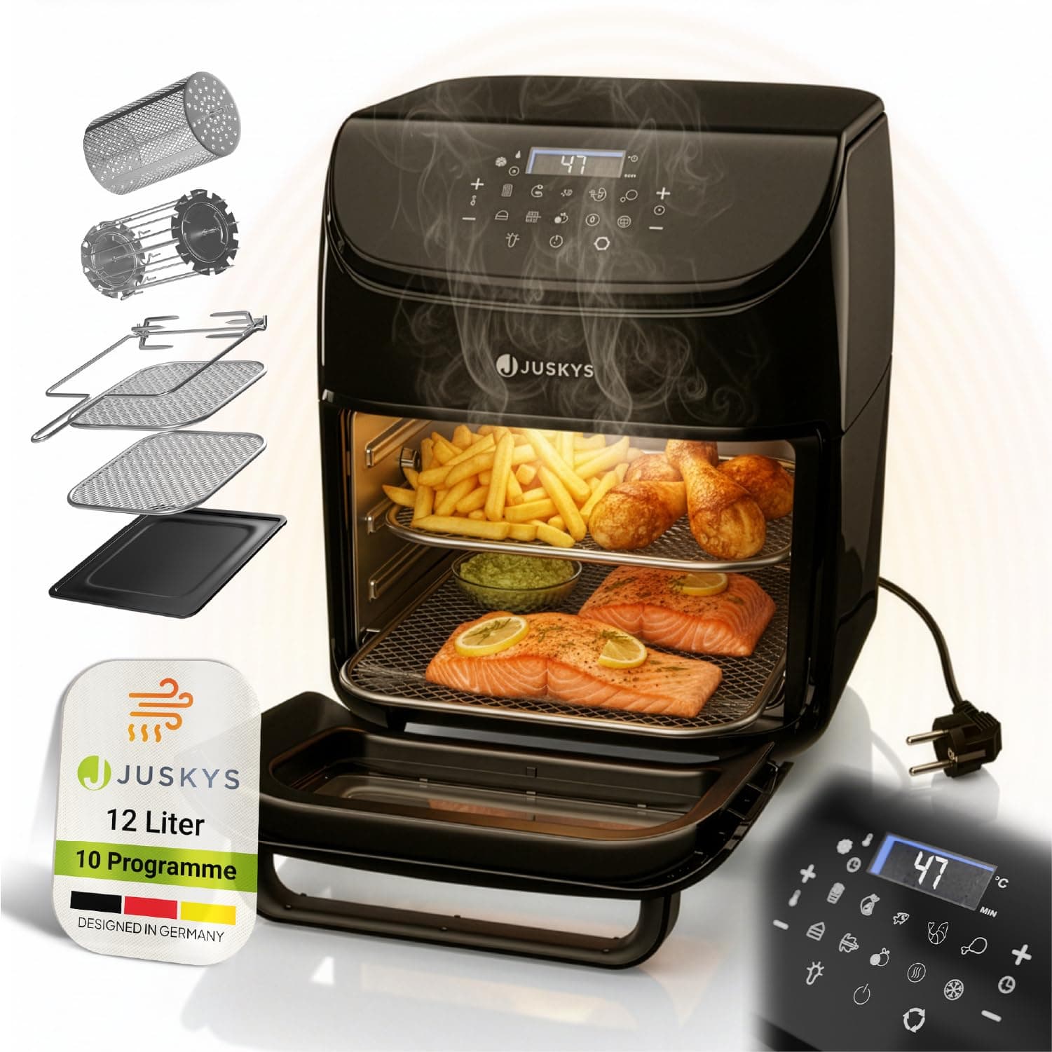 Juskys® Heißluftfritteuse 12L — Schwarz, Airfryer mit LCD-Touch, 10 Programmen, Temperatur 25—200 °C & mit Zubehör