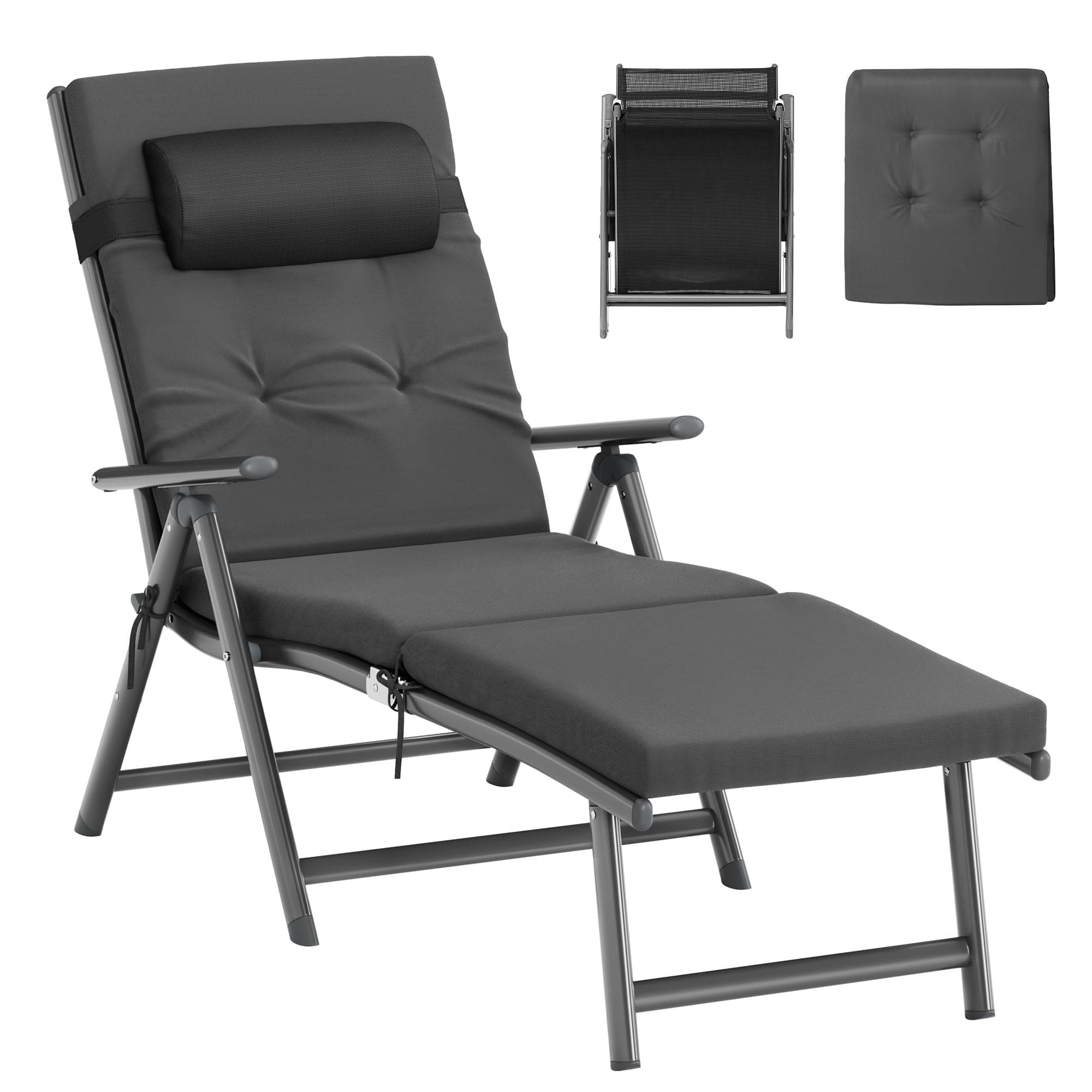 SONGMICS Sonnenliege, klappbar, Liegestuhl mit 6 cm dickem Polster, abnehmbares Kopfkissen, atmungsaktiv, einstellbare Rückenlehne, bis 150 kg belastbar, schiefergrau GCB024GZ02