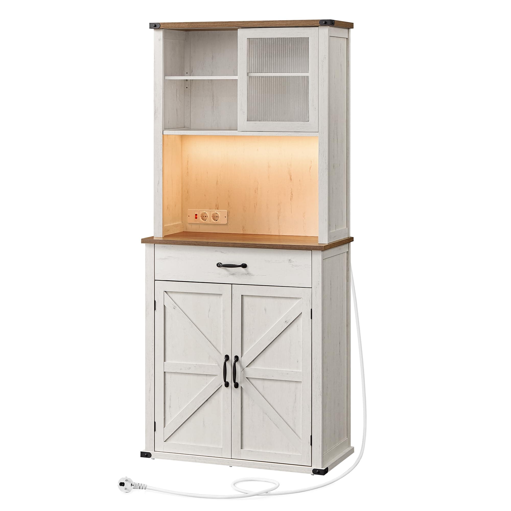 VASAGLE Meuble de Rangement avec Lumières et Chargeur, Placard de Cuisine, avec Portes et Tiroirs, 39,5 x 80,4 x 180,6 cm, Étagères Réglables, Style Campagne, Blanc Rustique et Marron Miel BBK363W22V1