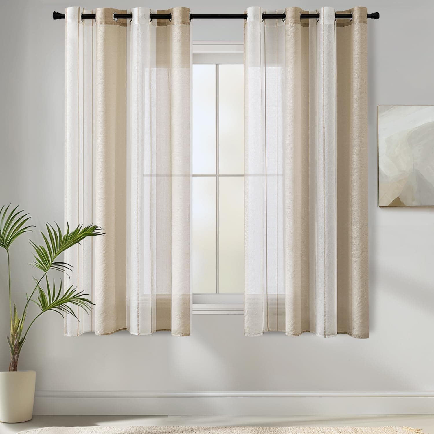 MIULEE Cortinas Salon Modernas con Rayas Blanco y Beige, Bonitas Cortinas Dormitorio Juvenil con Ojales, Translucidas Visillos Cortos para Ventanas Habitacion, Visillos Salón 2 Piezas, 2X A140xL160CM