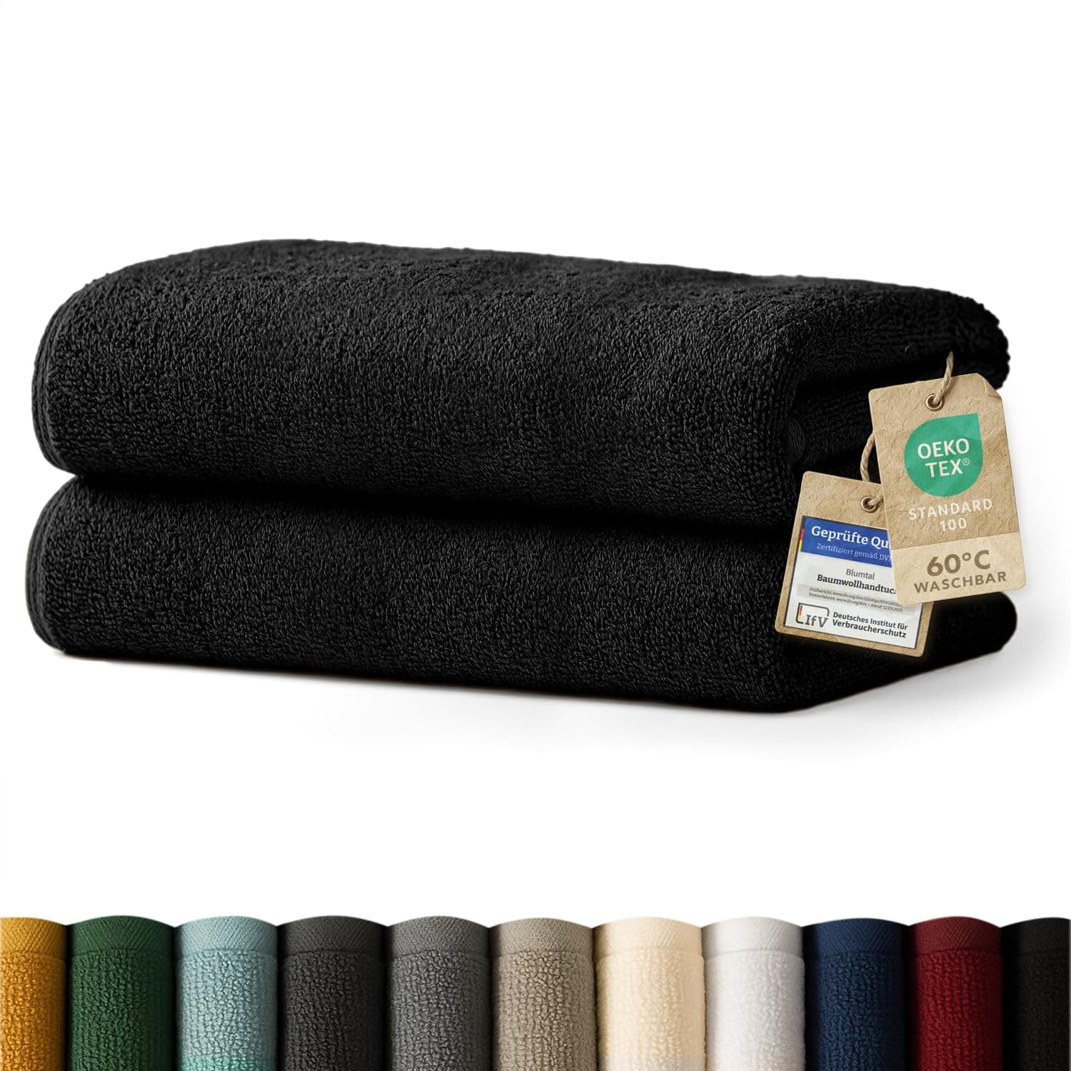 Blumtal Premium Frottier Handtücher Set 2 teilig 100% Baumwolle - Oeko-TEX zertifiziertes Towel 2X (50x100 cm) - Ultra saugstarkes Frottier Handtücher Set waschbar °60 - Handtuch Schwarz