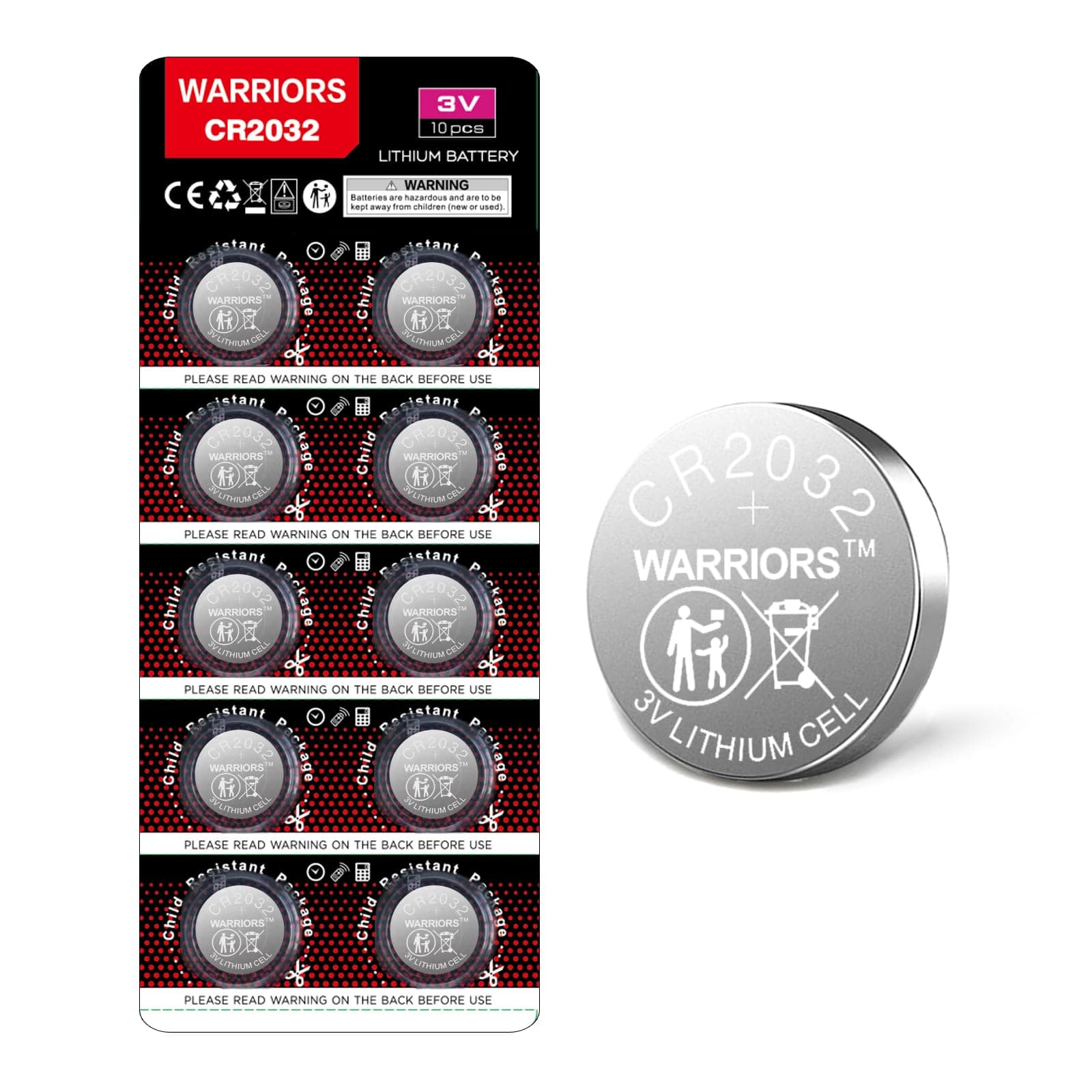 Warriors 10X Pile CR2032 3V Lithium Pile Bouton Longue Durée pour Montres Télécommandes Clés Calculatrices Sécurité Enfant