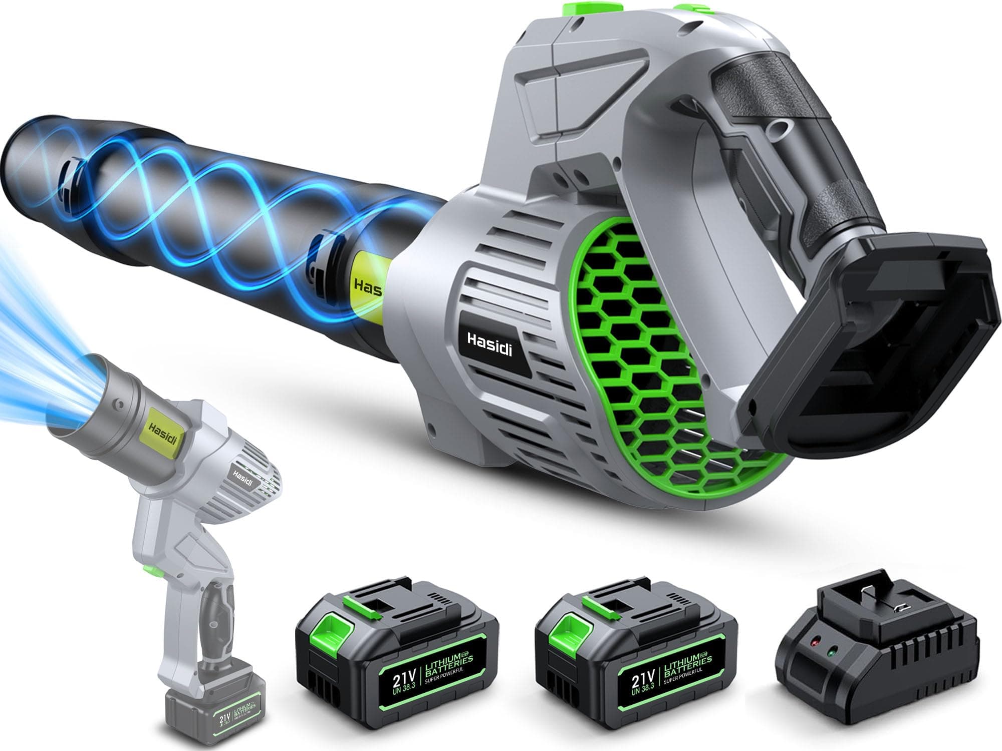 Souffleur de Feuilles sans Fil - 990 000 TR/Min - Moteur sans Balais - 2 Batteries, Chargeur et 2 Buses Incluses - 5 Vitesses Ajustables - pour Jardin, Terrasse, Voiture, Gris Perlé