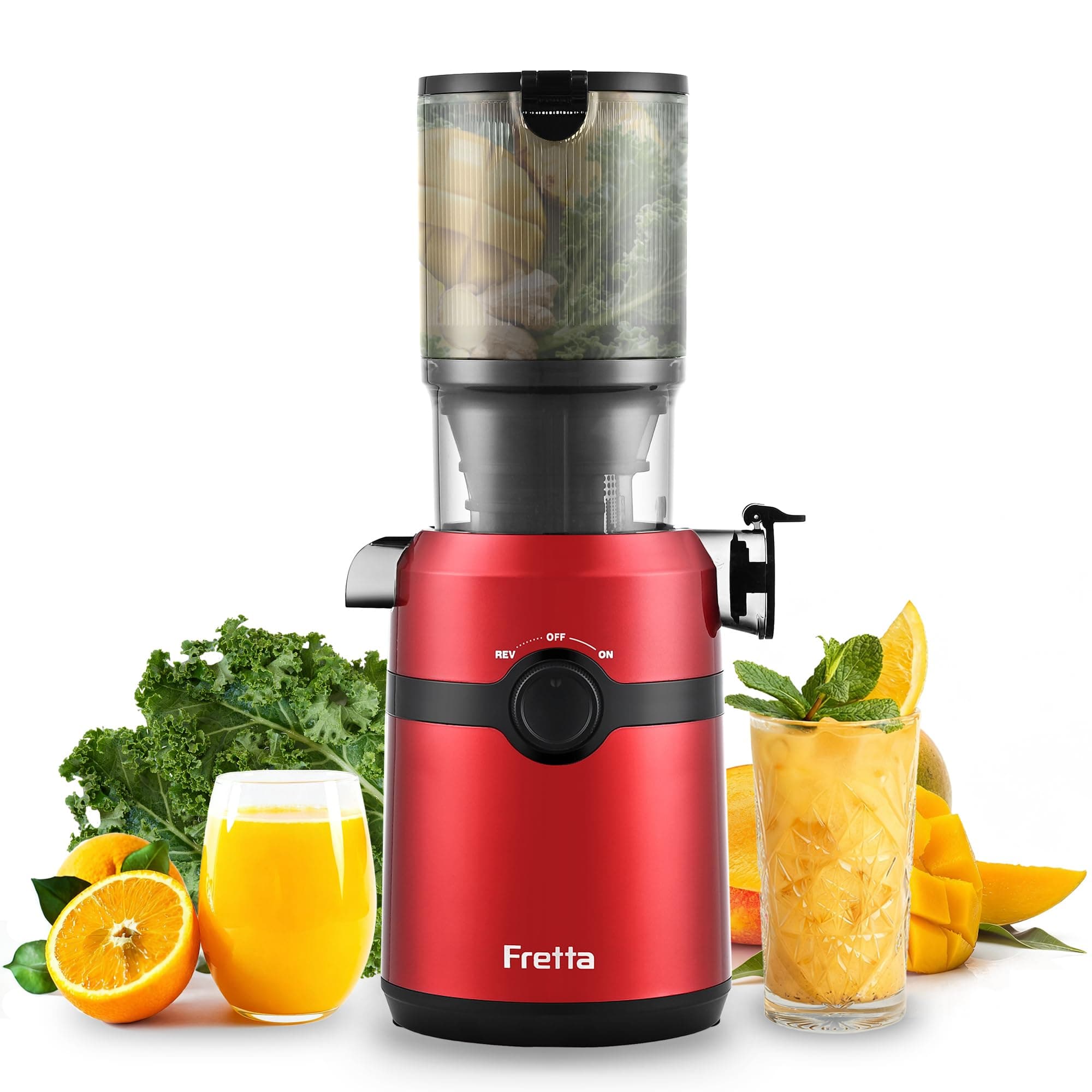 Fretta Extractor de Zumos y Verduras, Apertura de 108MM y Capacidad de 1L, Licuadora Prensado en Frio para Verduras Frutas Enteras, 200W Slow Juicer Machine, Fácil Montaje y Limpieza, Sin BPA (Rojo)