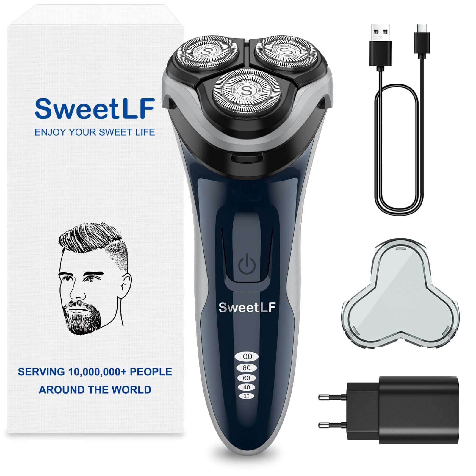 SweetLF Rasoir Electrique Homme Rechargeable Wet & Dry, Tondeuse à Barbe Haute Précision, Rasage avec 3D Têtes Rotatives, 100% Etanche&120 min d'Autonomie, Bleu, SW-S7105