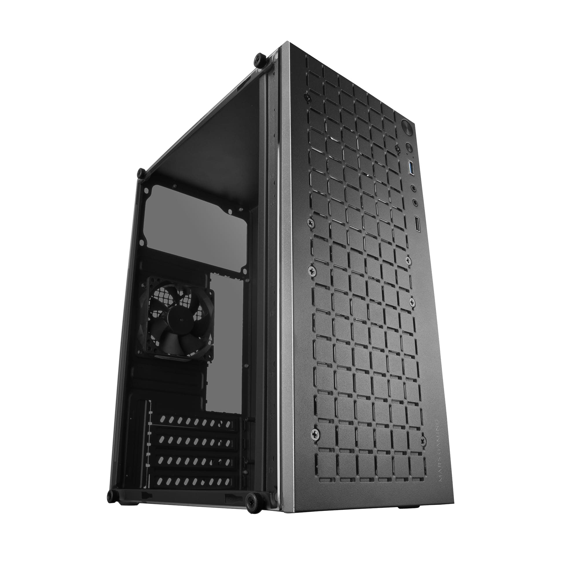 Mars Gaming MC-1000, Caja Compacta MicroATX, Diseño Frontal Metal-Mesh, Ventana Lateral Completa, 1x Ventilador Ulta-Silencioso FDB 80mm, Negro