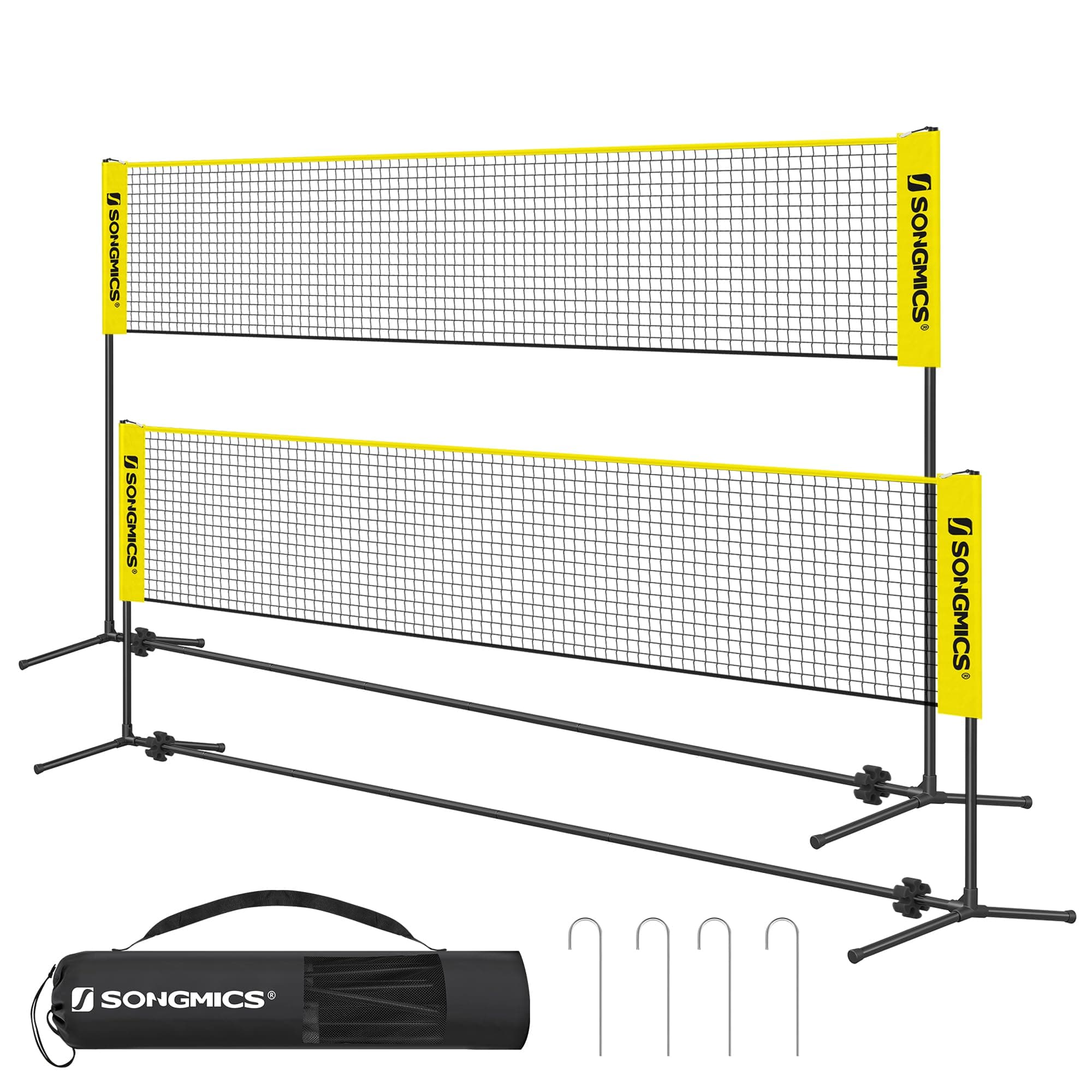 SONGMICS 300 cm/400 cm/500 cm Badmintonnetz, Volleyballnetz, höhenverstellbare Stangen, tragbares Set für Tennis, Beach-Volleyball, für Garten, Park, Outdoor